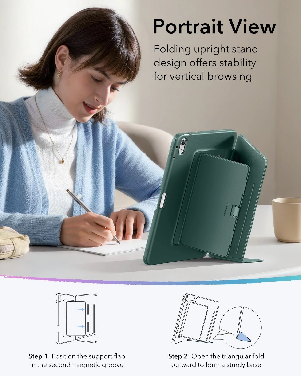 iPad 11" (A16) 2025 Bundle Flip Magnetic Case with Pencil Holder & Armorite® Paper-Feel Protection - Green - Image 6