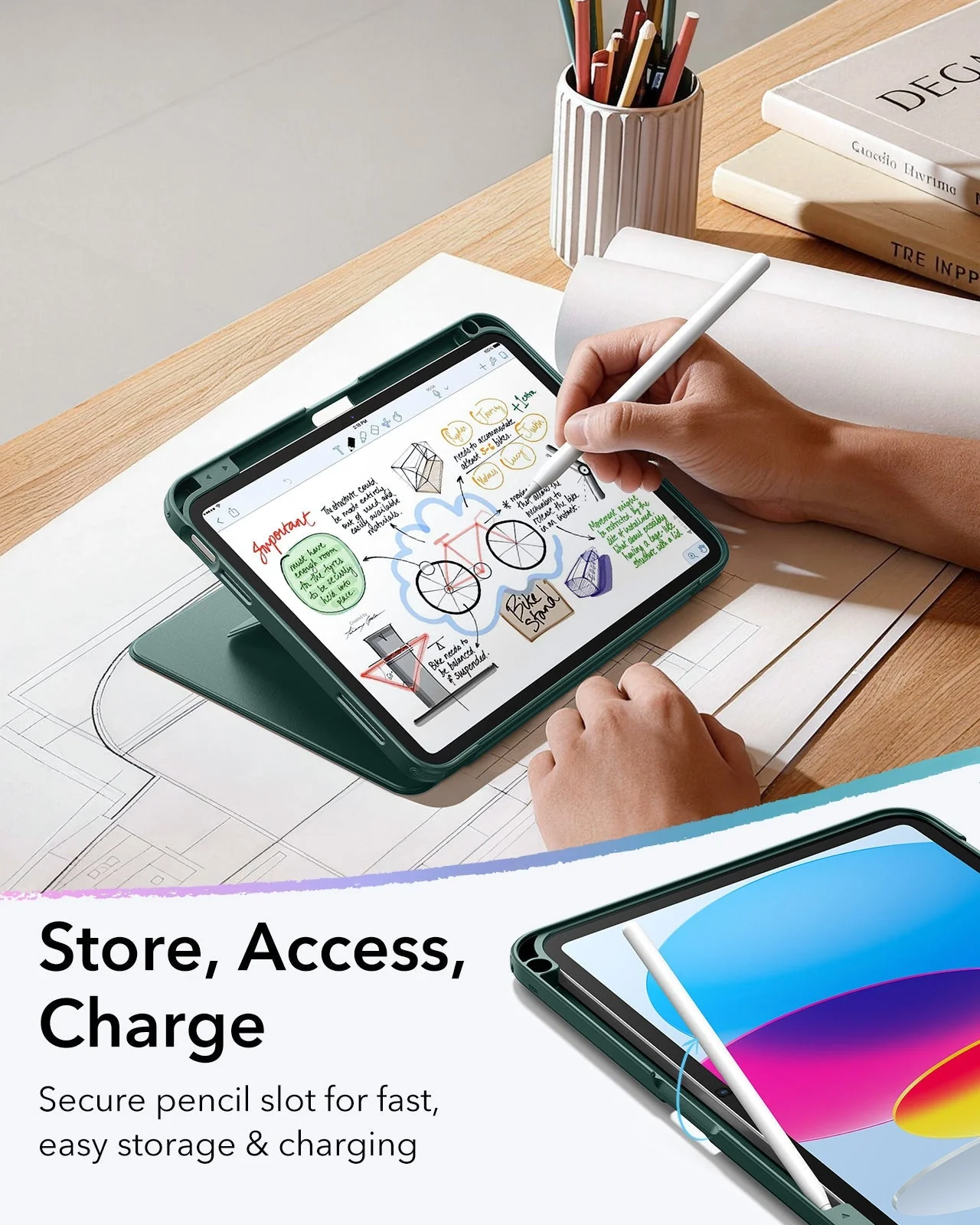 iPad 11" (A16) 2025 Bundle Flip Magnetic Case with Pencil Holder & Armorite® Paper-Feel Protection - Green - Image 7