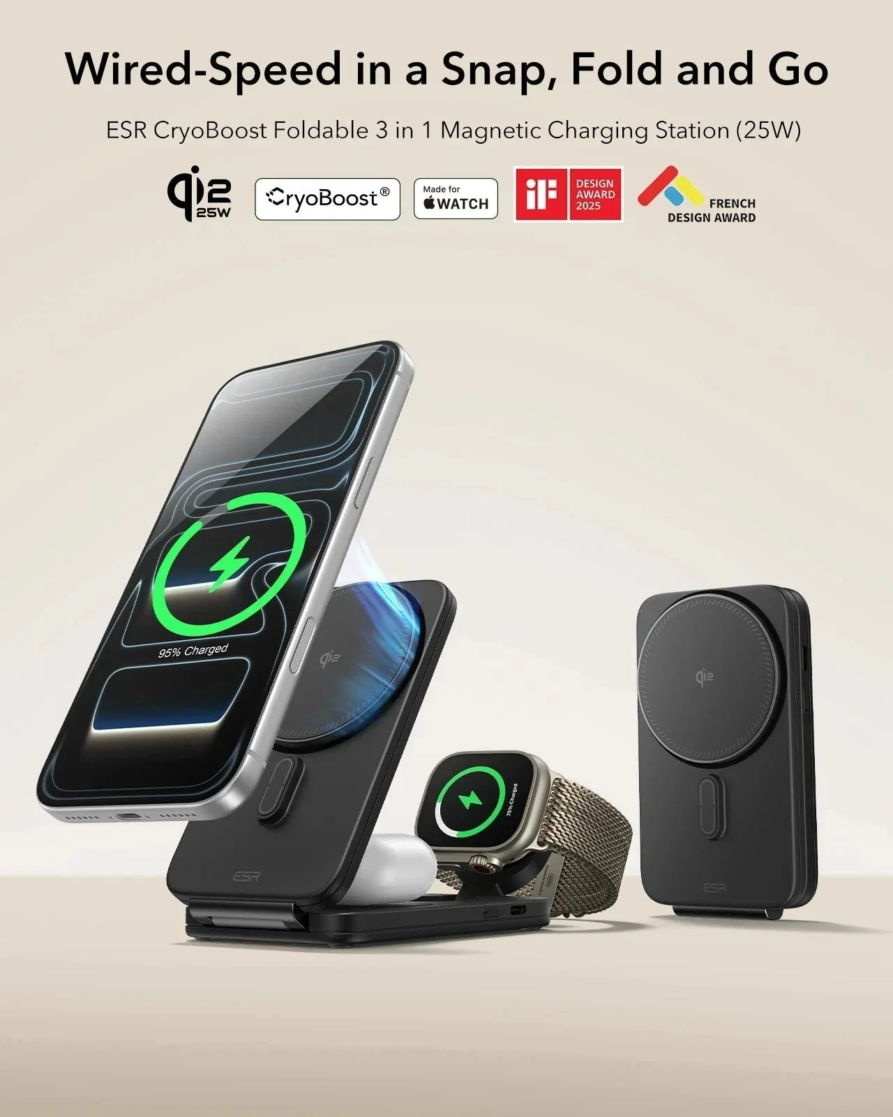 25W CryoBoost Foldable 3-in-1 Magnetic Charger and AirPods Pro 3 Pulse FlickLock Case Bundle – US Plug-Black - Image 4