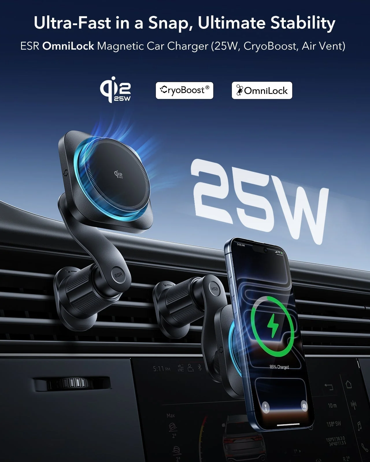 25W CryoBoost Foldable 3-in-1 Magnetic Charger and Car Charger (Air Vent) Bundle– US Plug-Black - Image 11