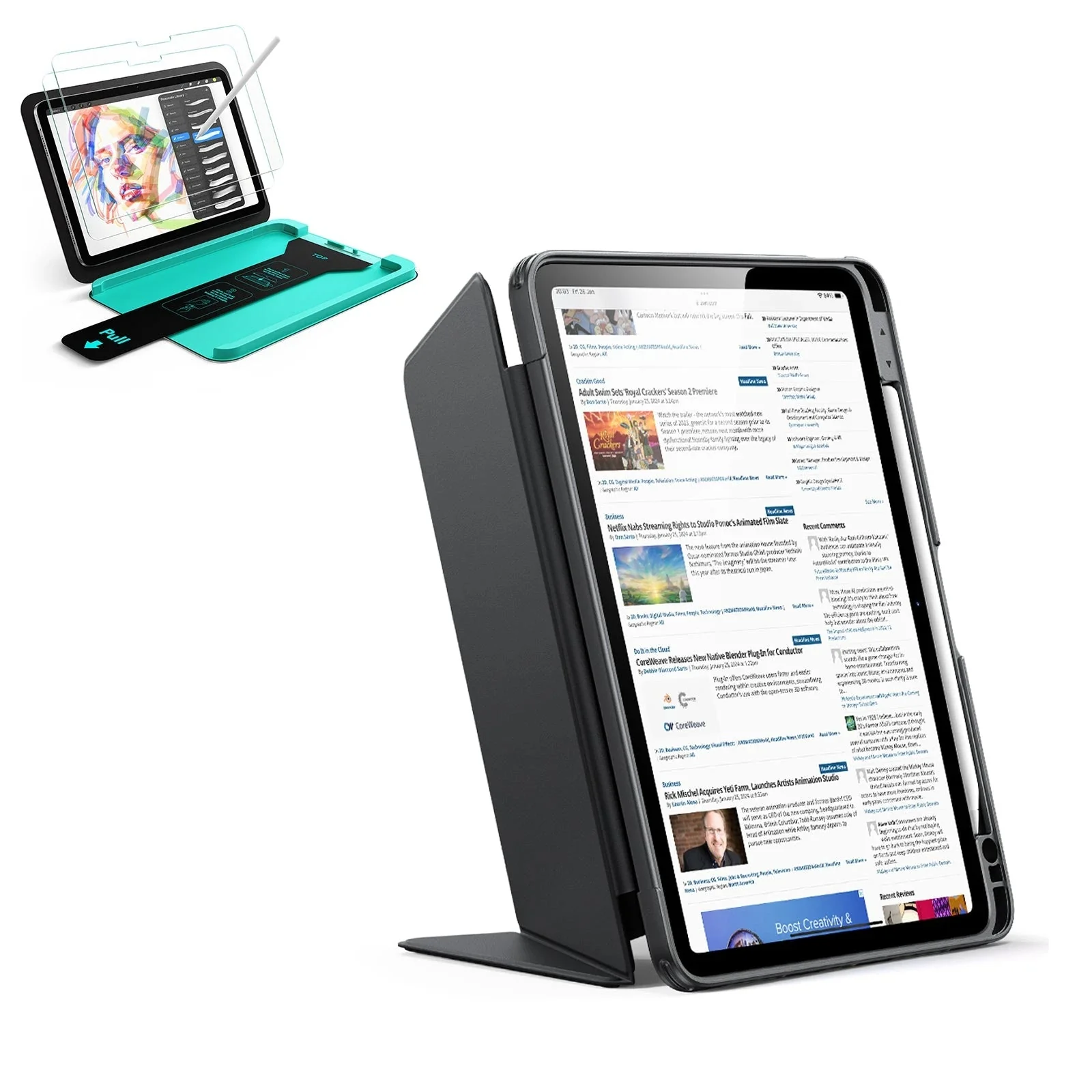 iPad Air 11" (M3) 2025 Bundle Flip Magnetic Case with Pencil Holder & Armorite® Paper-Feel Protection - Black