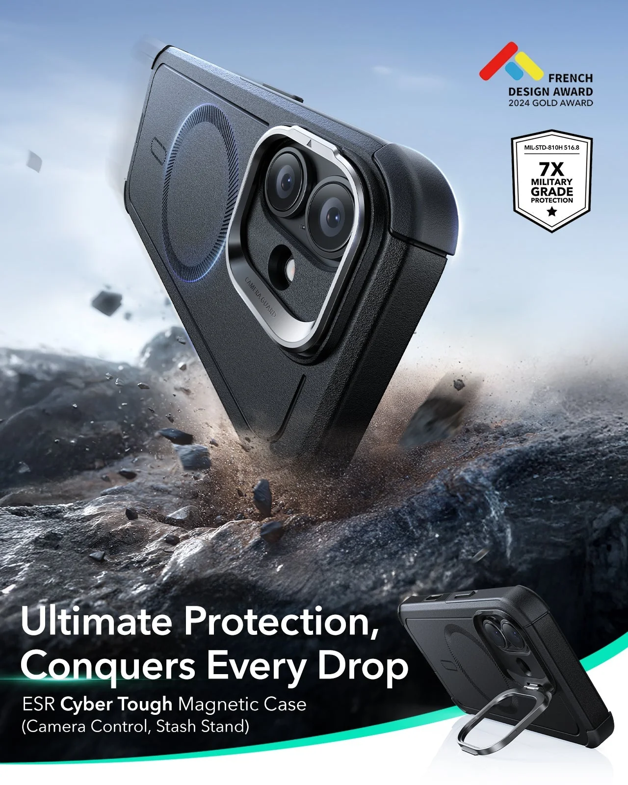 iPhone 17 Cyber Tough Magnetic Case (Camera Control, Stash Stand) - Black - Image 2