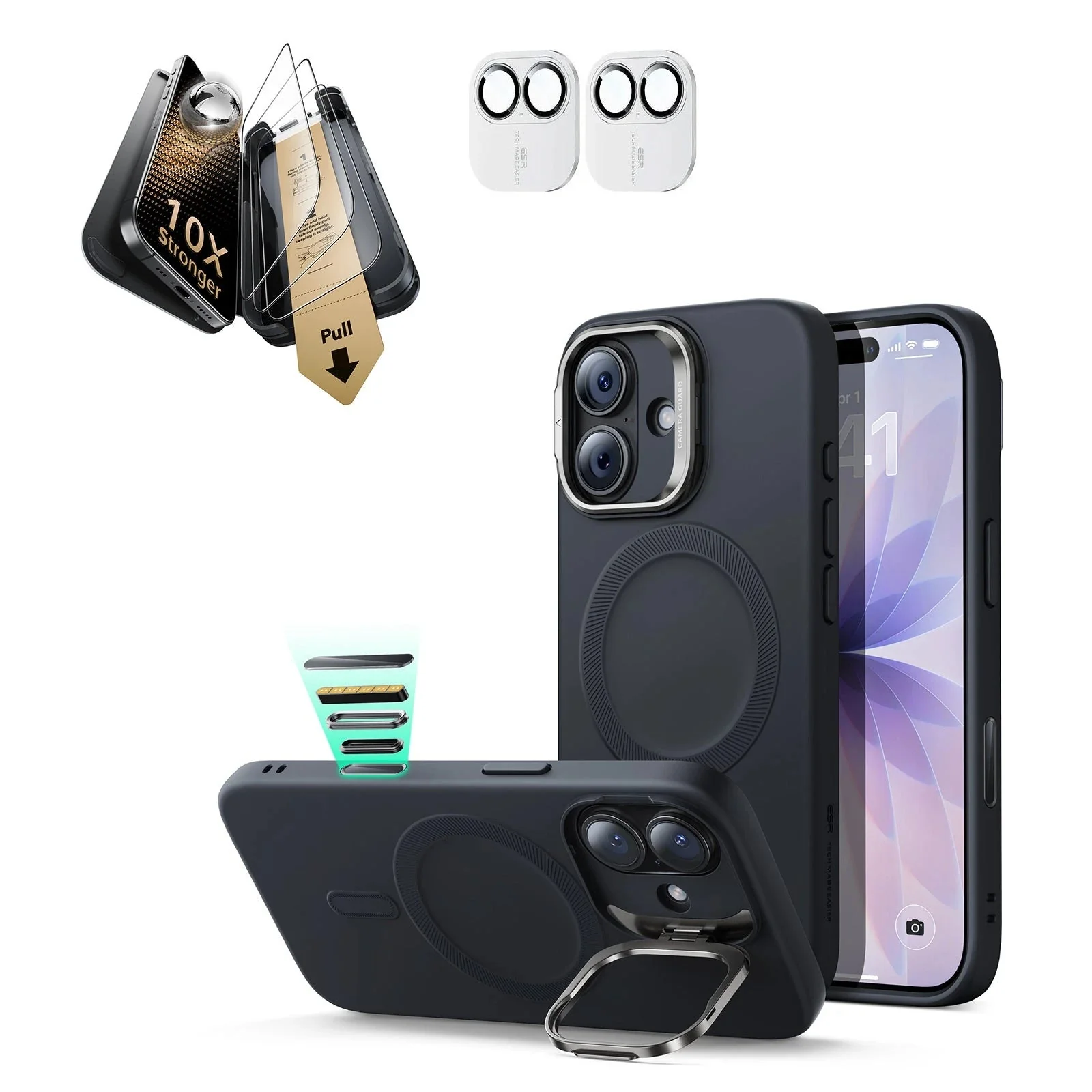 iPhone 17 Bundle Cloud Soft Magnetic Case (Camera Control, Stash Stand) and Armorite Pro Screen Protector - Black