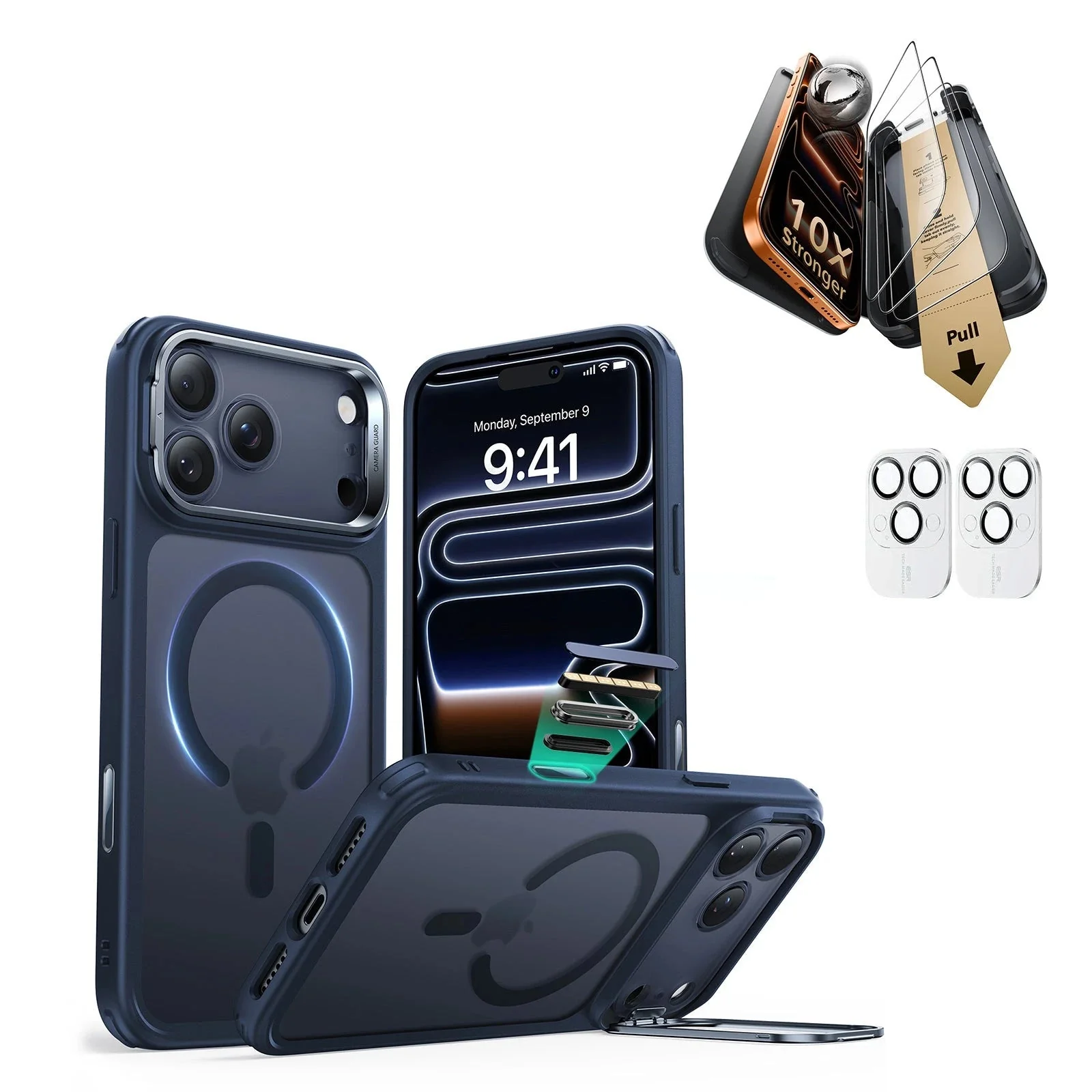 iPhone 17 Pro Bundle Classic Hybrid Magnetic Case (Camera Control, Stash Stand) and Armorite Pro Screen Protector - Frosted Blue