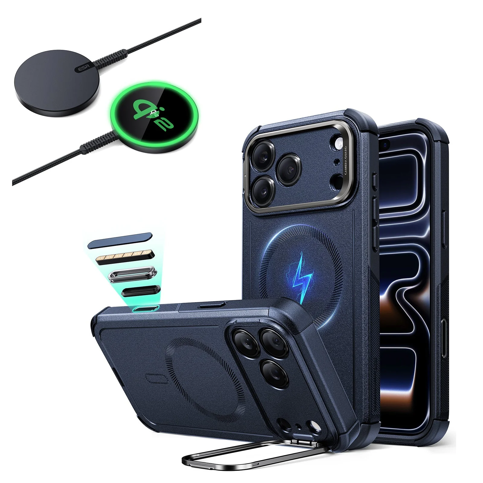 iPhone 17 Pro Max Bundle Cyber Tough Magnetic Case (Camera Control, Stash Stand) and Magnetic Charging Pad (Qi2) - Navy Blue