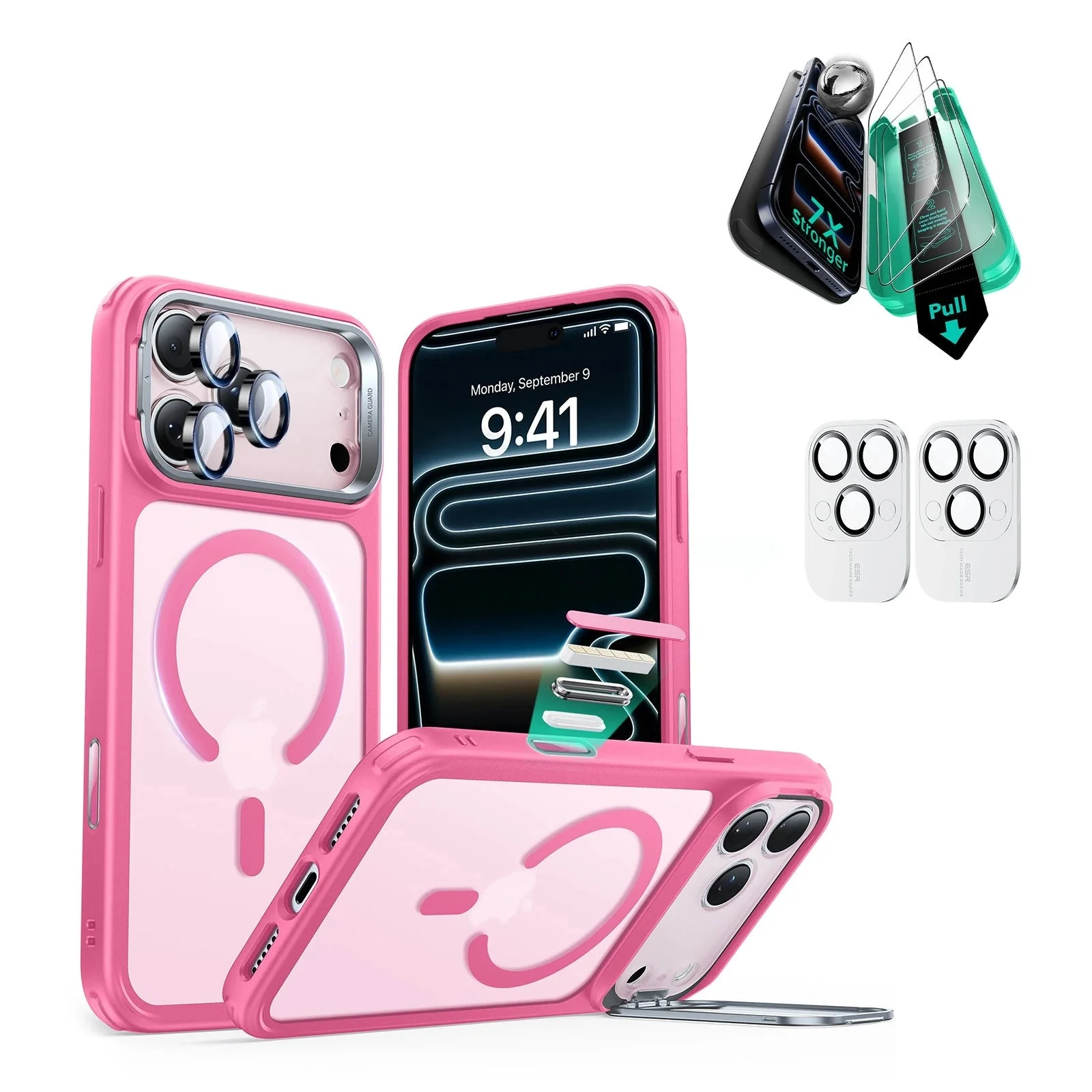 iPhone 17 Pro Bundle Classic Hybrid Magnetic Case (Camera Control, Stash Stand) and Armorite Screen Protector - Frosted Pink