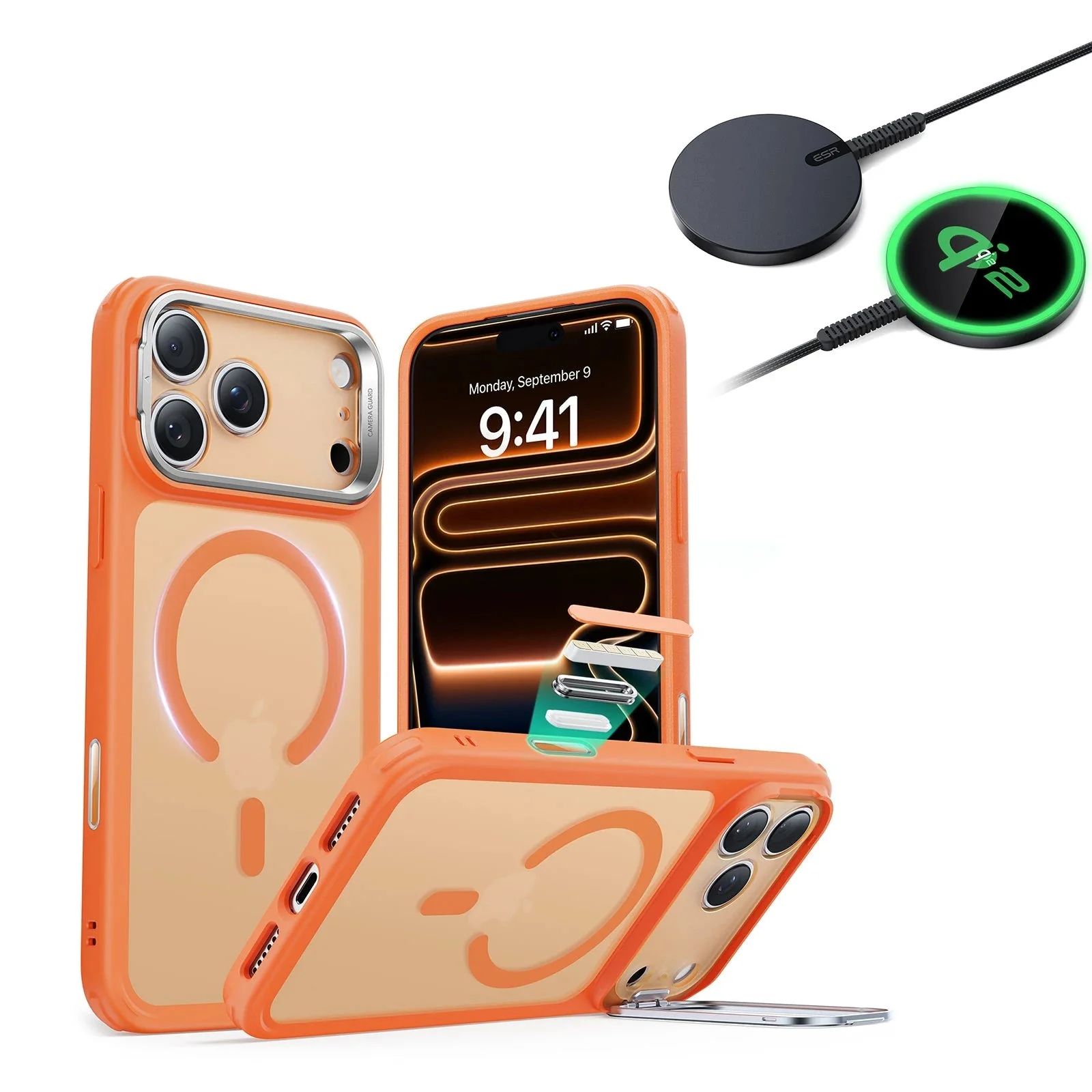 iPhone 17 Pro Max Bundle Classic Hybrid Magnetic Case (Camera Control, Stash Stand) and Magnetic Charging Pad (Qi2) - Frosted Orange