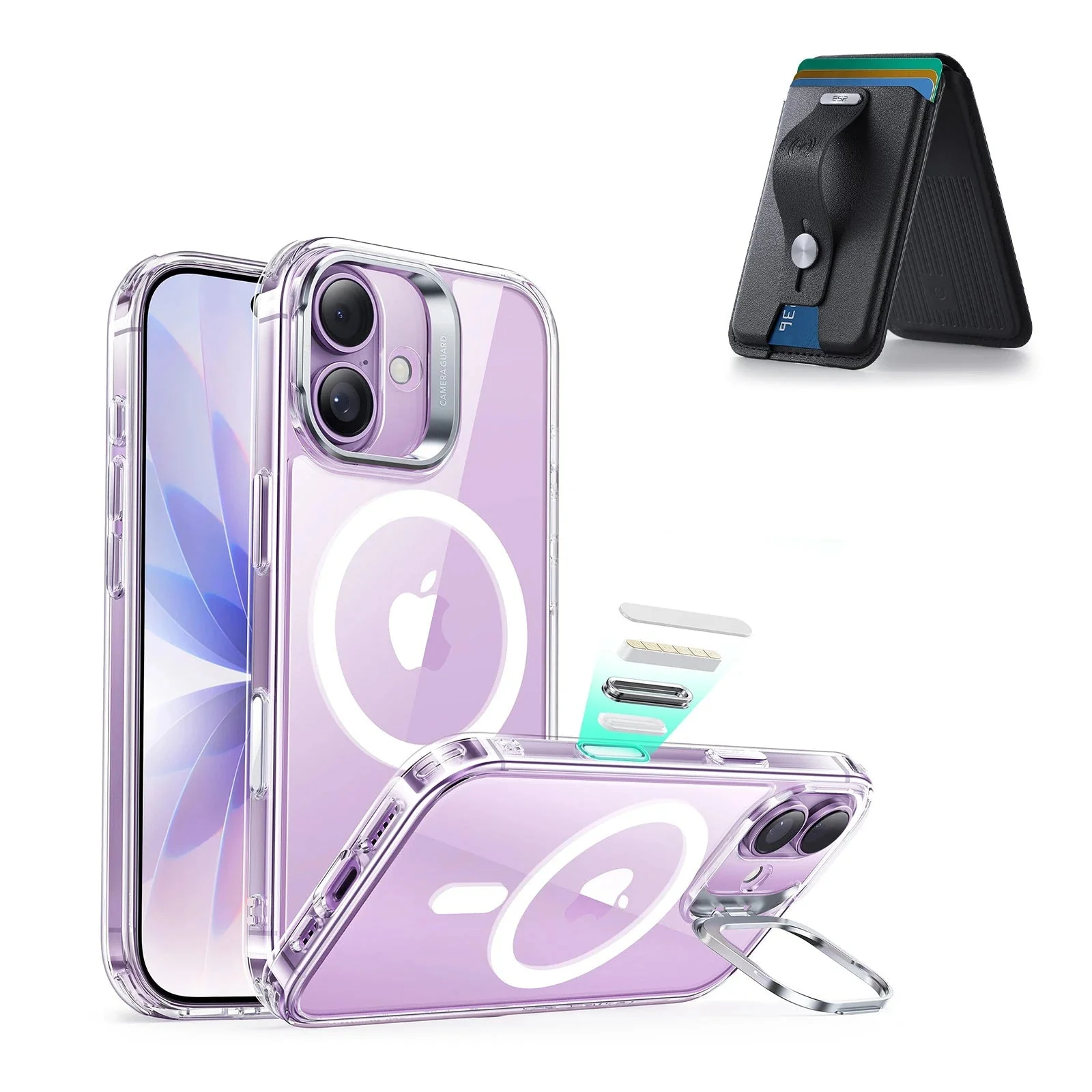 iPhone 17 Classic Hybrid Magnetic Case (Camera Control, Stash Stand) with Wallet Stand Bundle - Clear
