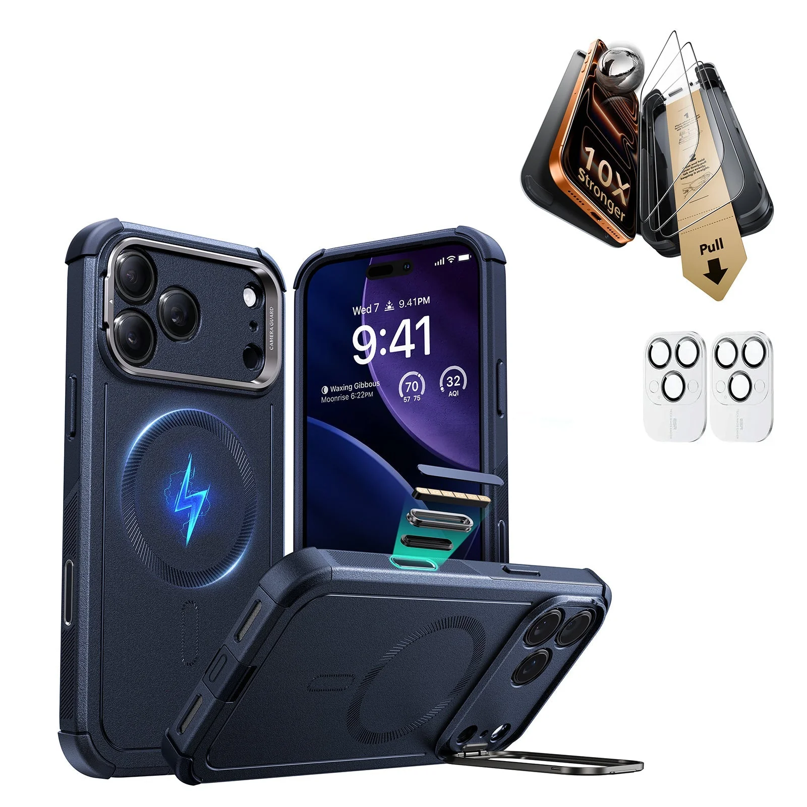 iPhone 17 Pro Bundle Cyber Tough Magnetic Case (Camera Control, Stash Stand) and Armorite Pro Screen Protector - Navy Blue