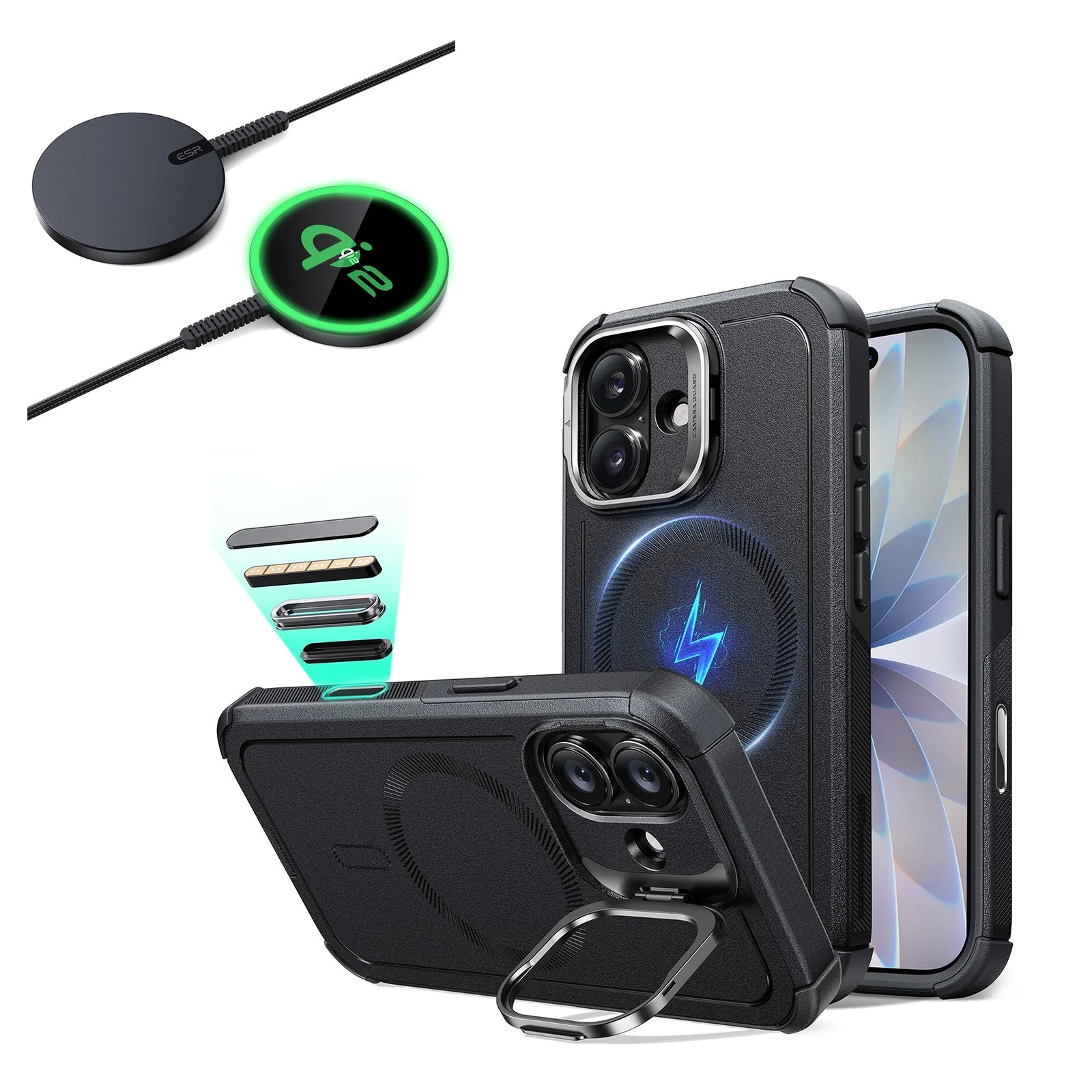 iPhone 17 Bundle Cyber Tough Magnetic Case (Camera Control, Stash Stand) and Magnetic Charging Pad (Qi2) - Black