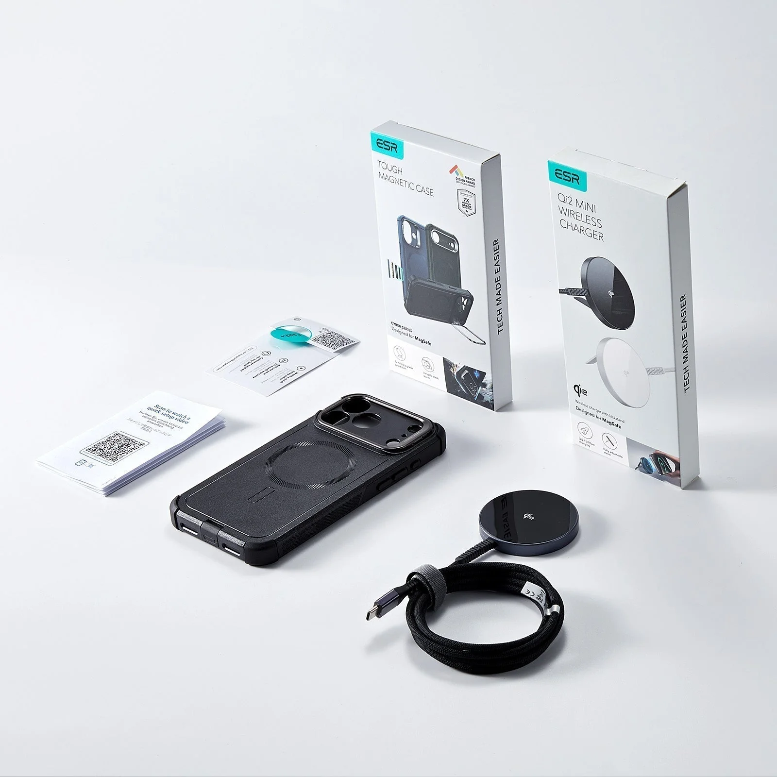 iPhone 17 Bundle Cyber Tough Magnetic Case (Camera Control, Stash Stand) and Magnetic Charging Pad (Qi2) - Black - Image 2