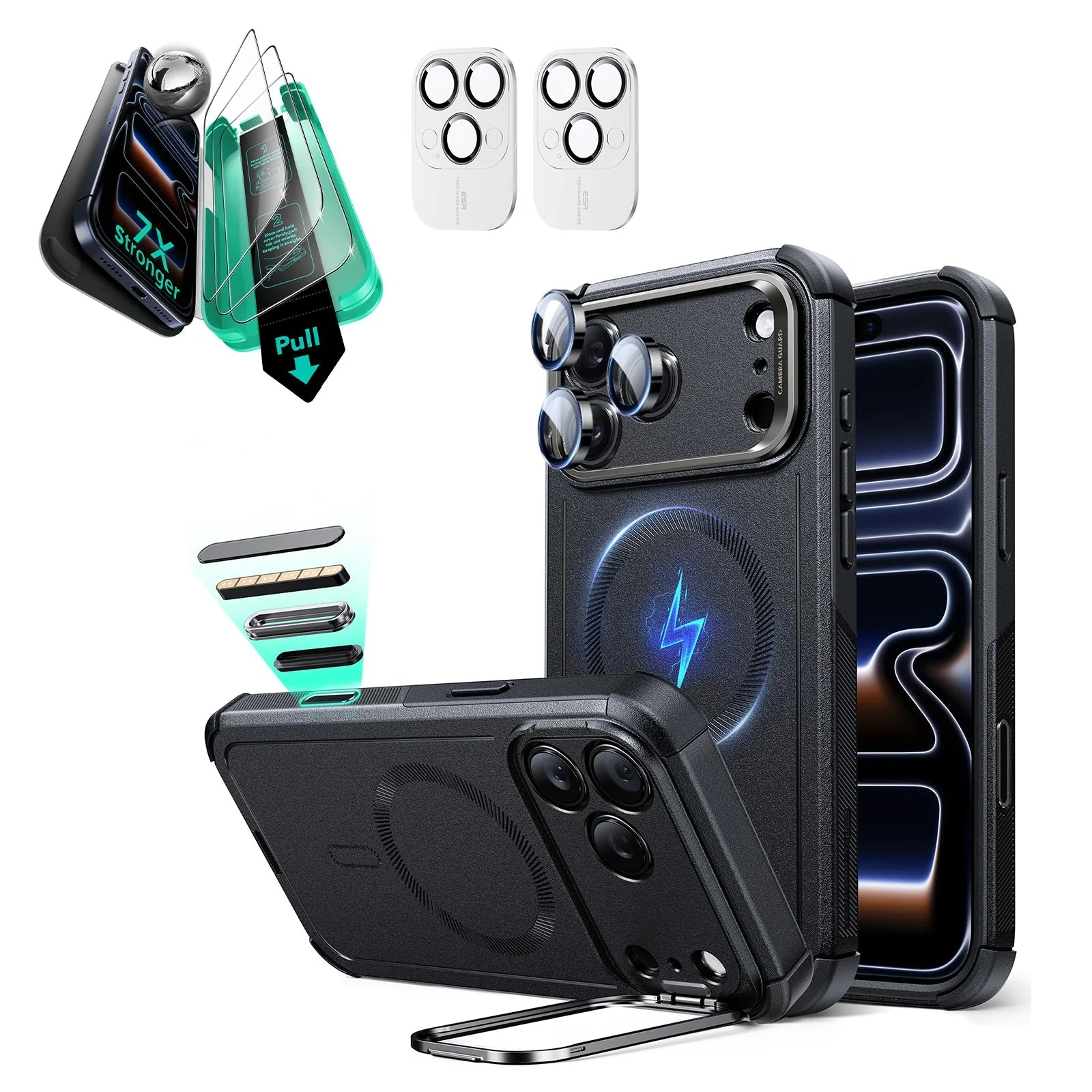 iPhone 17 Pro Bundle Cyber Tough Magnetic Case (Camera Control, Stash Stand) and Armorite Screen Protector - Black