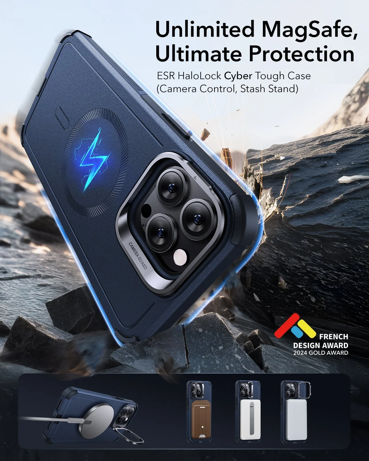 iPhone 13 Pro Cyber Tough Magnetic Case (Stash Stand) - Dark Blue - Image 2