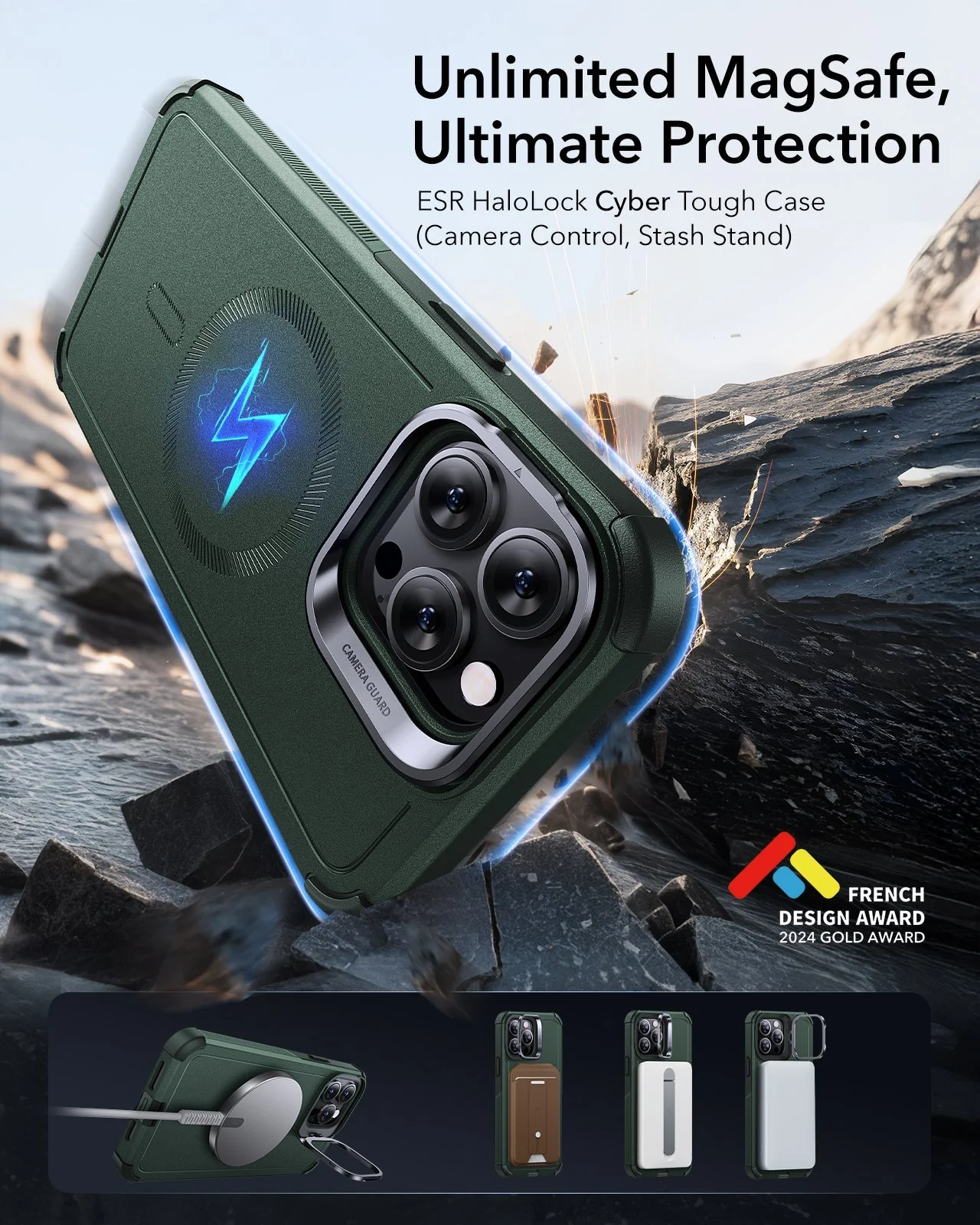 iPhone 13 Pro Max Cyber Tough Magnetic Case (Stash Stand) - Green - Image 2
