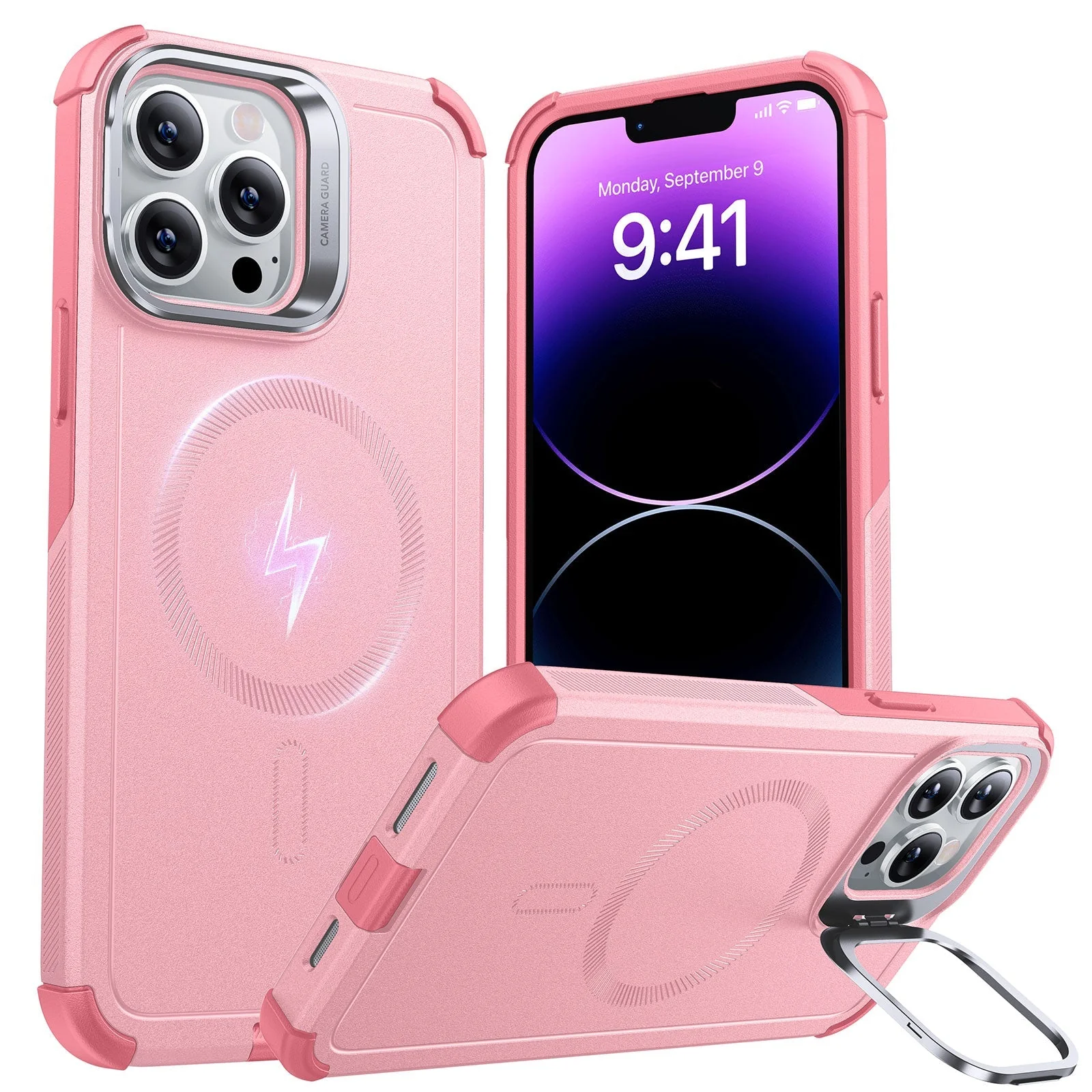 iPhone 13 Pro Max Cyber Tough Magnetic Case (Stash Stand) - Pink