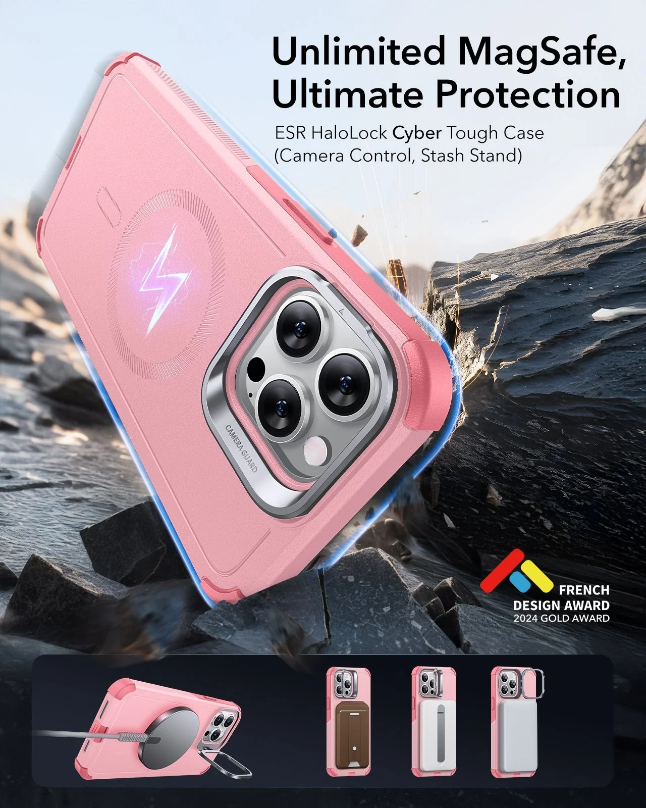 iPhone 13 Pro Max Cyber Tough Magnetic Case (Stash Stand) - Pink - Image 2