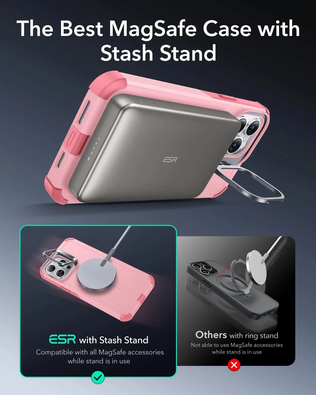 iPhone 13 Pro Max Cyber Tough Magnetic Case (Stash Stand) - Pink - Image 4