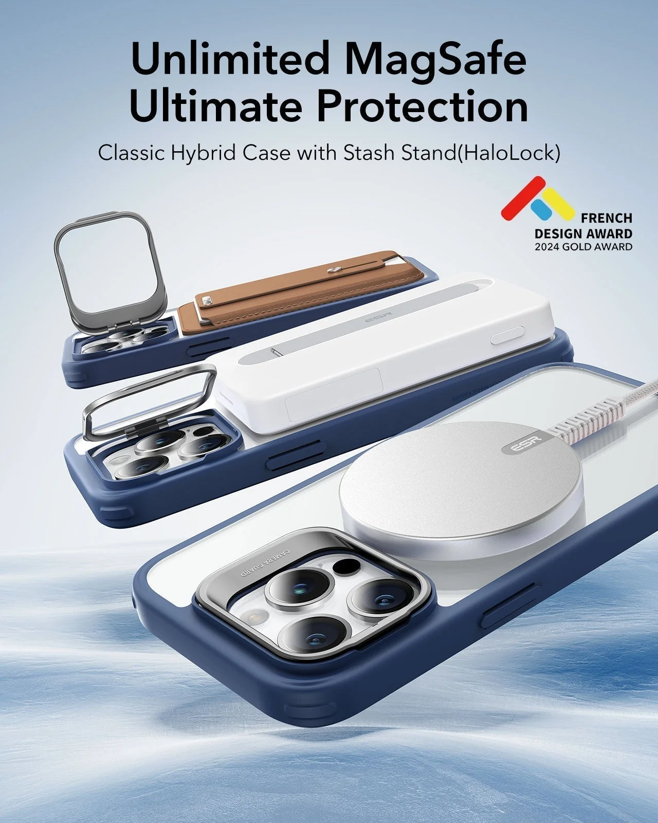 iPhone 14 Pro Classic Hybrid Case with Stash Stand (HaloLock) - Clear Blue - Image 2