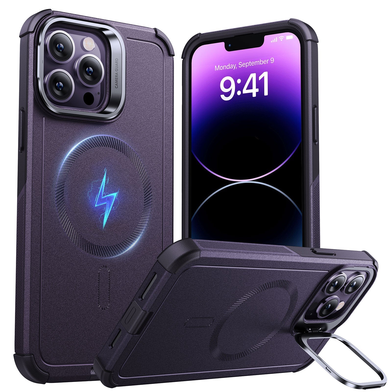 iPhone 14 Pro Max Cyber Tough Magnetic Case (Stash Stand) - Purple