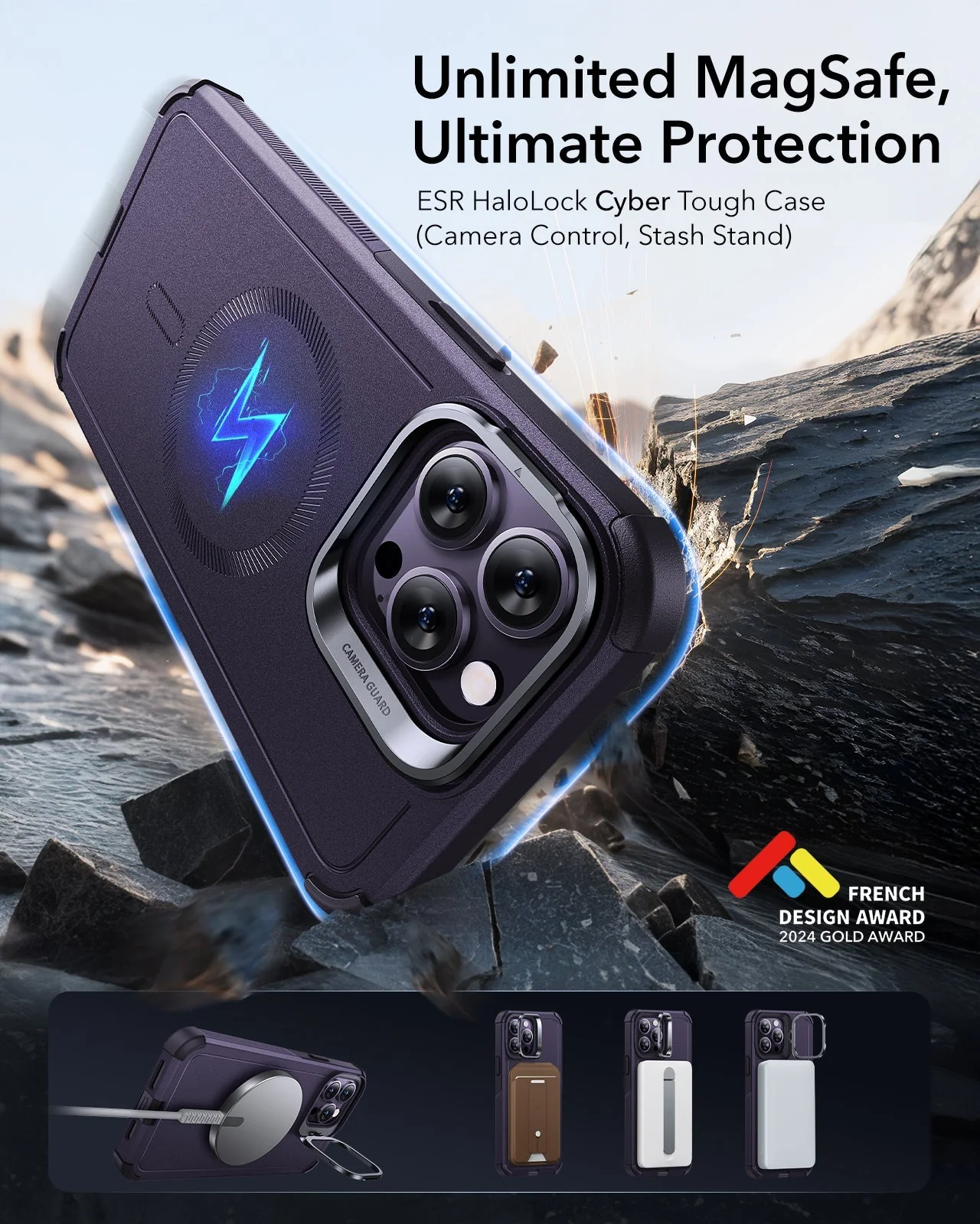 iPhone 14 Pro Max Cyber Tough Magnetic Case (Stash Stand) - Purple - Image 2