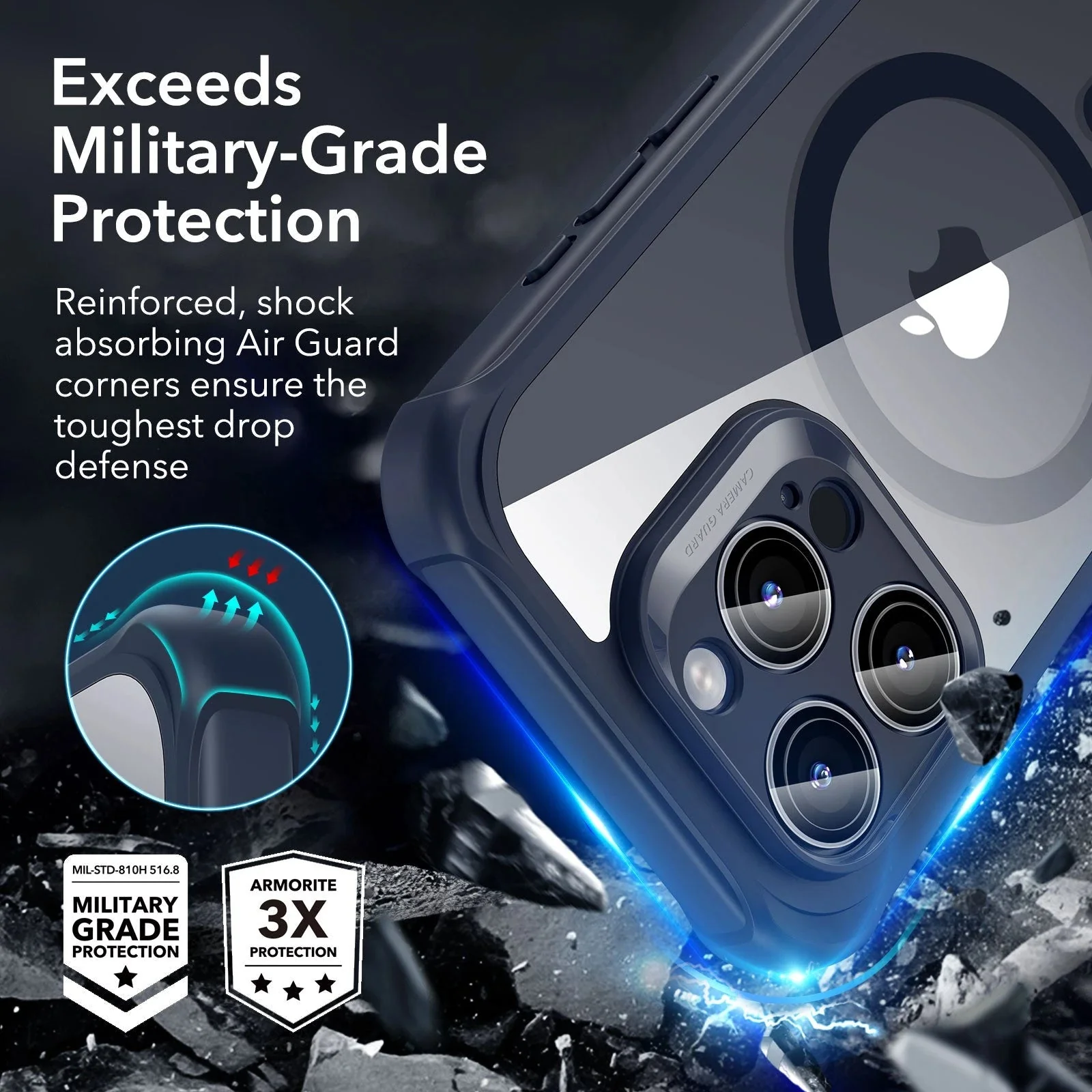 iPhone 15 Pro Armor Tough Case (HaloLock) - Clear Dark Blue - Image 3