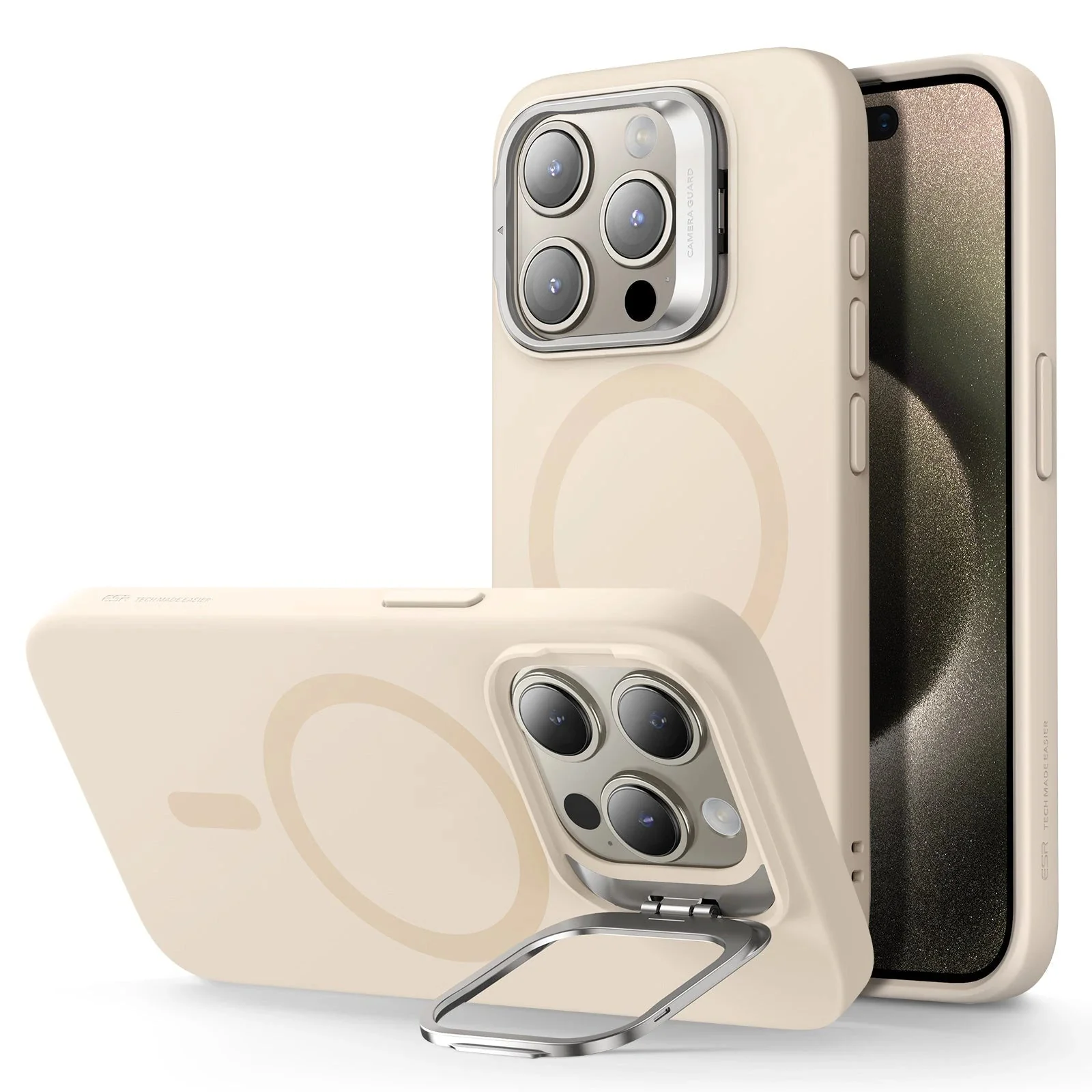 iPhone 15 Pro Cloud Soft Case with Stash Stand (HaloLock) - Light Tan