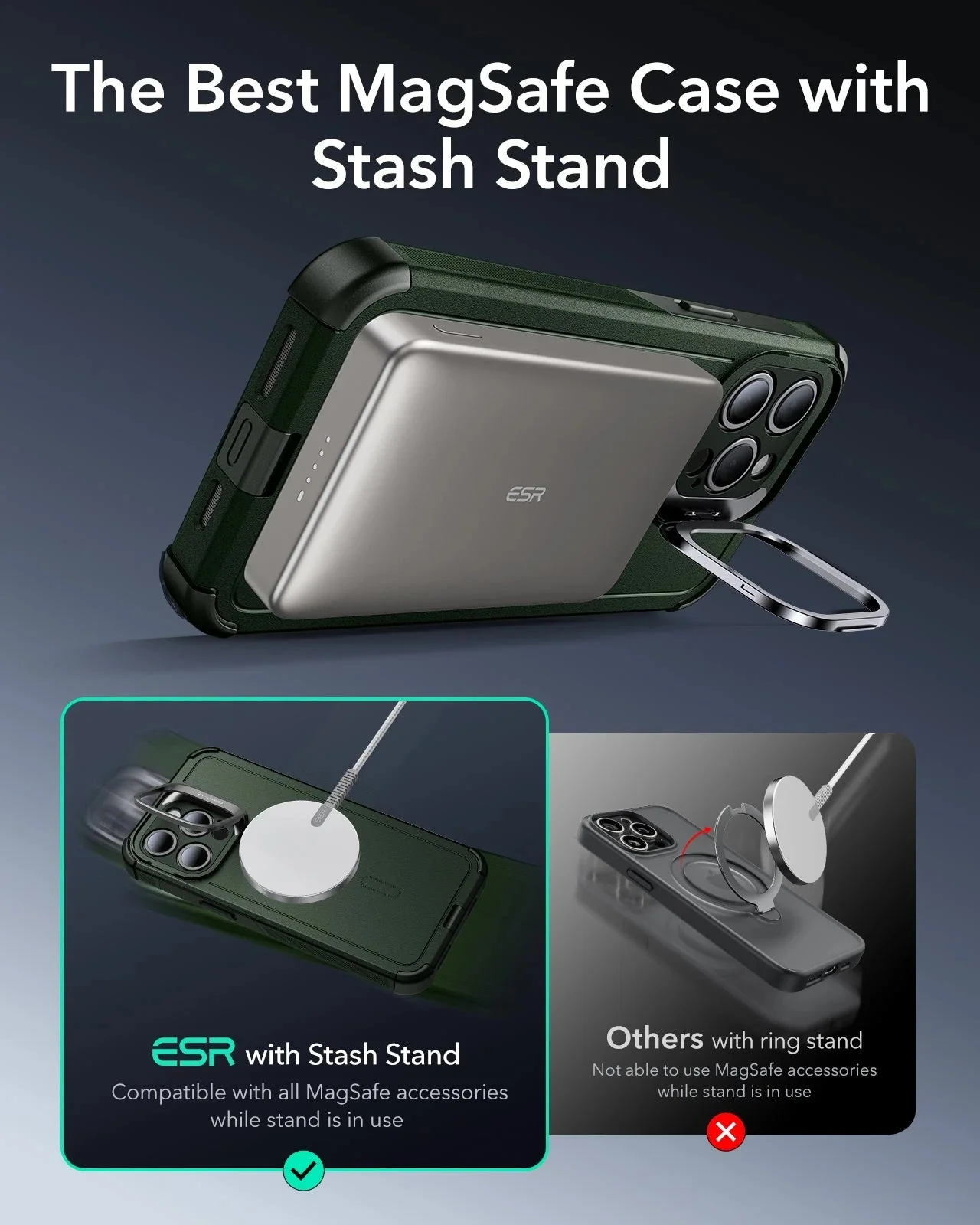 iPhone 15 Pro Cyber Tough Case with Stash Stand (HaloLock) - Dark Green - Image 4
