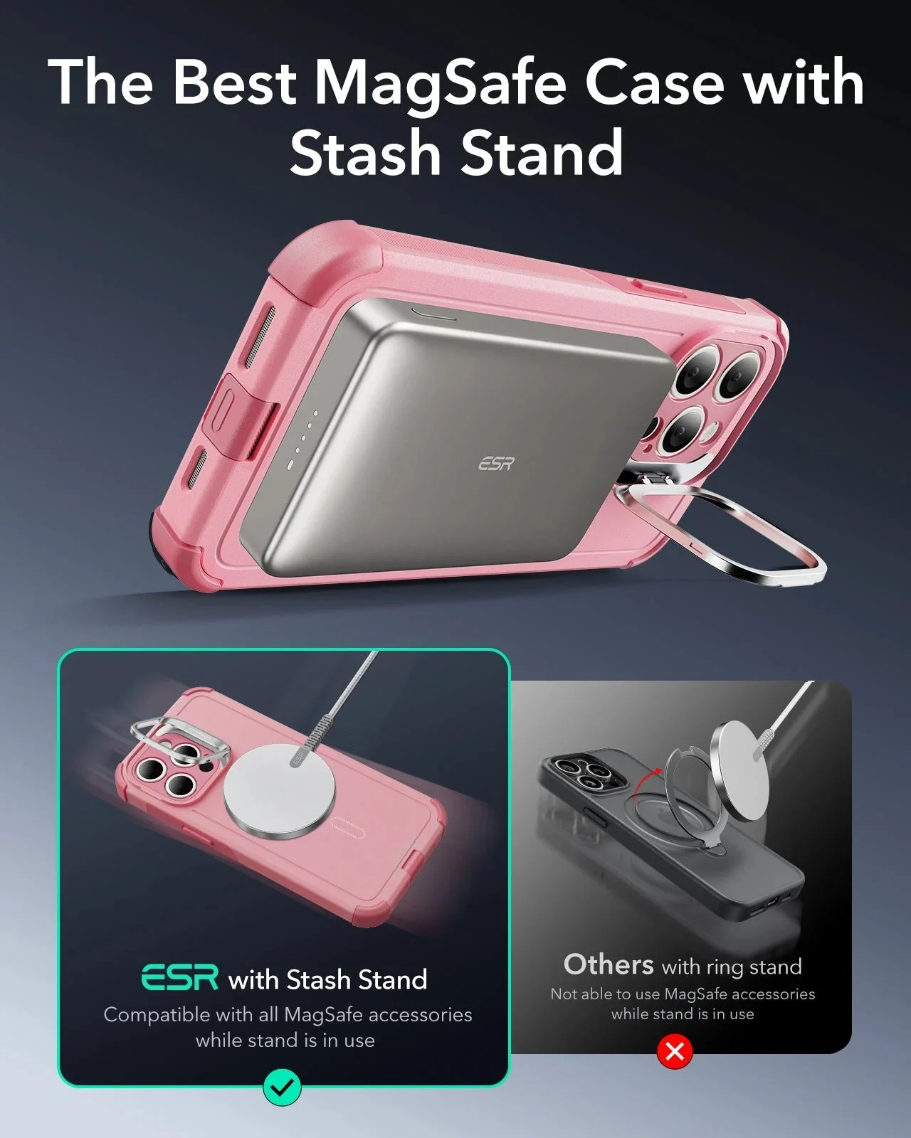 iPhone 15 Pro Cyber Tough Case with Stash Stand (HaloLock) - Pink - Image 2