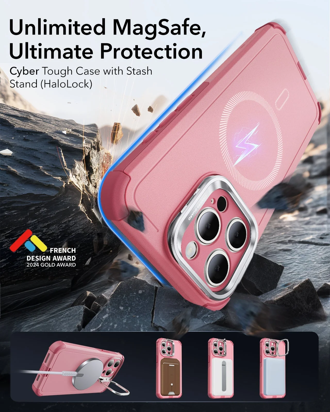 iPhone 15 Pro Cyber Tough Case with Stash Stand (HaloLock) - Pink - Image 3