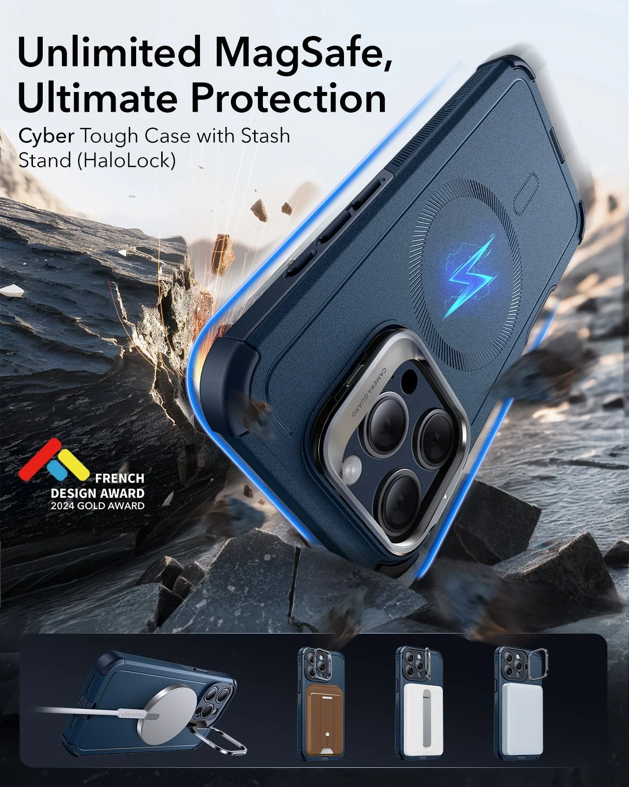 iPhone 15 Pro Max Cyber Tough Case with Stash Stand (HaloLock) - Dark Blue - Image 2