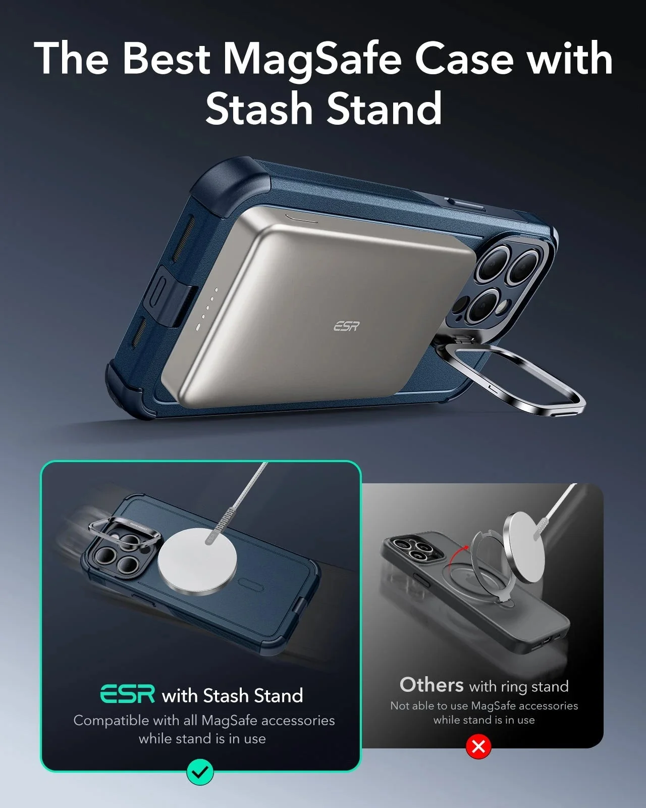 iPhone 15 Pro Max Cyber Tough Case with Stash Stand (HaloLock) - Dark Blue - Image 4