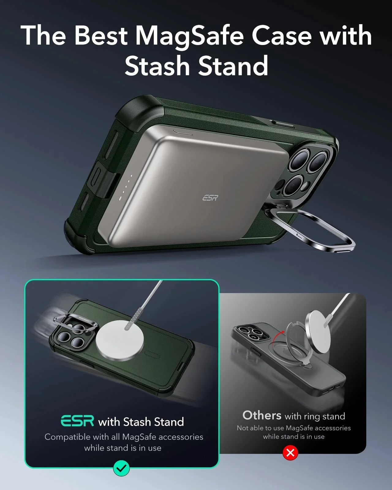 iPhone 15 Pro Max Cyber Tough Case with Stash Stand (HaloLock) - Dark Green - Image 4