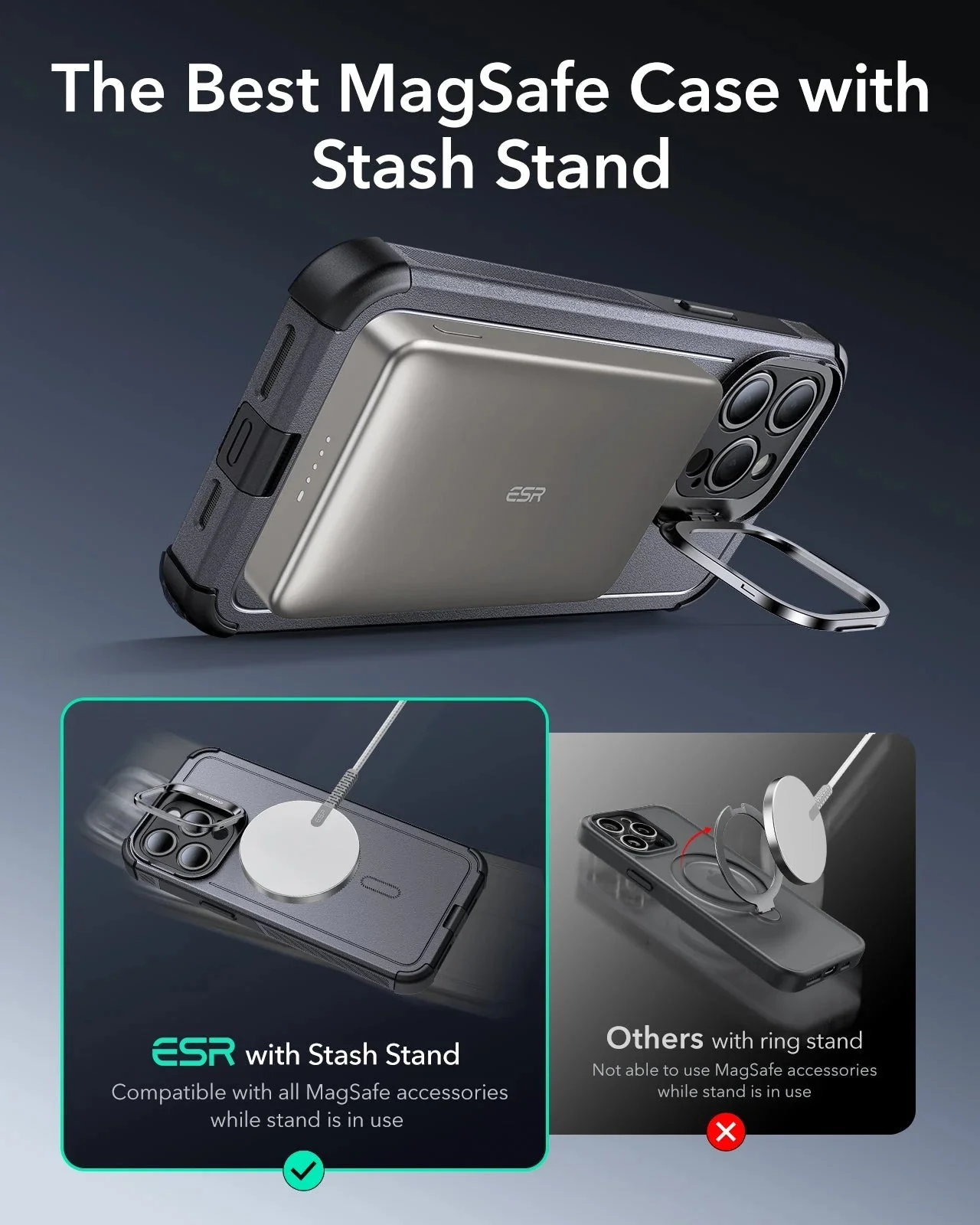 iPhone 15 Pro Max Cyber Tough Case with Stash Stand (HaloLock) - Gray - Image 4
