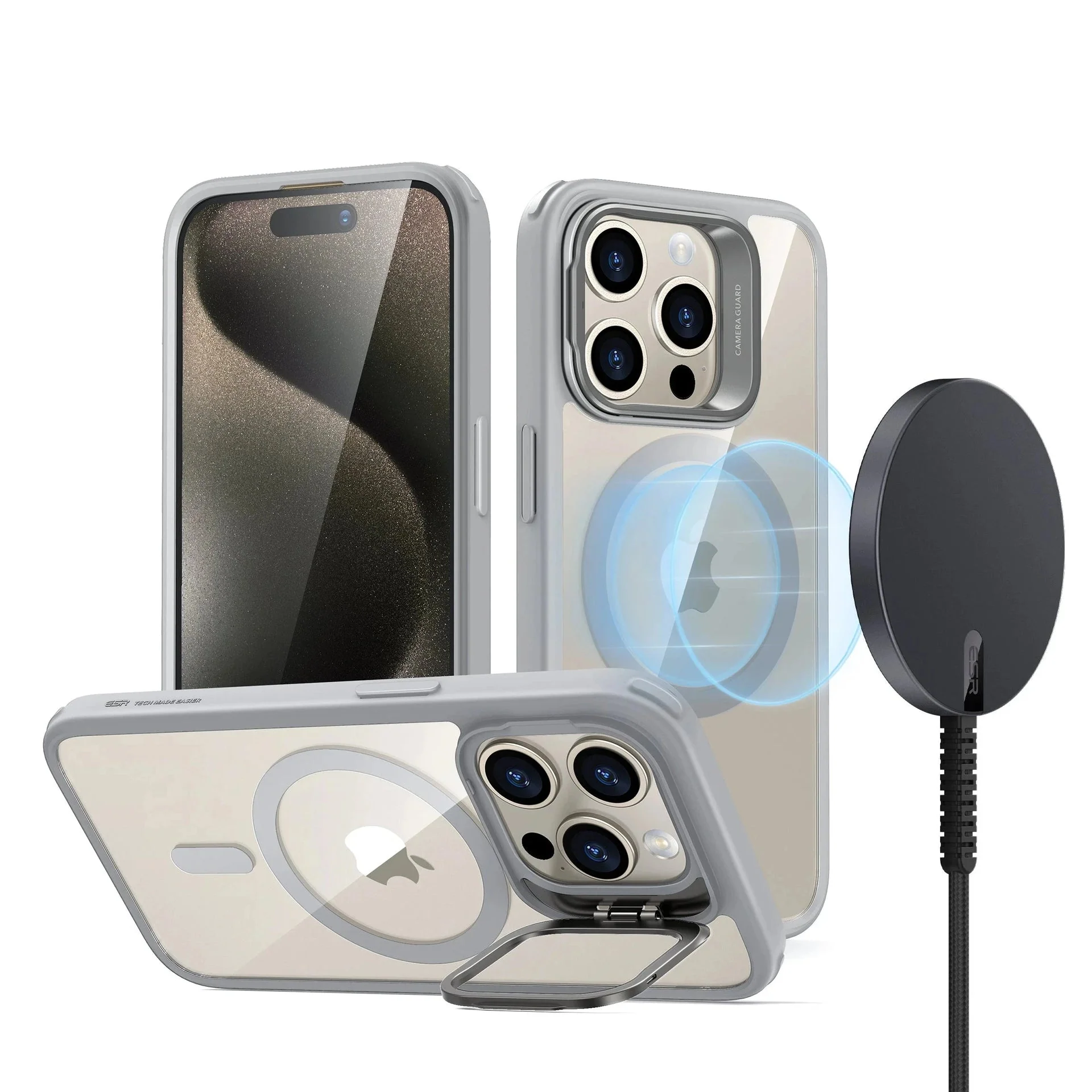 iPhone 15 Pro Max Snap-and-Stand Charging Bundle - Clear Grey