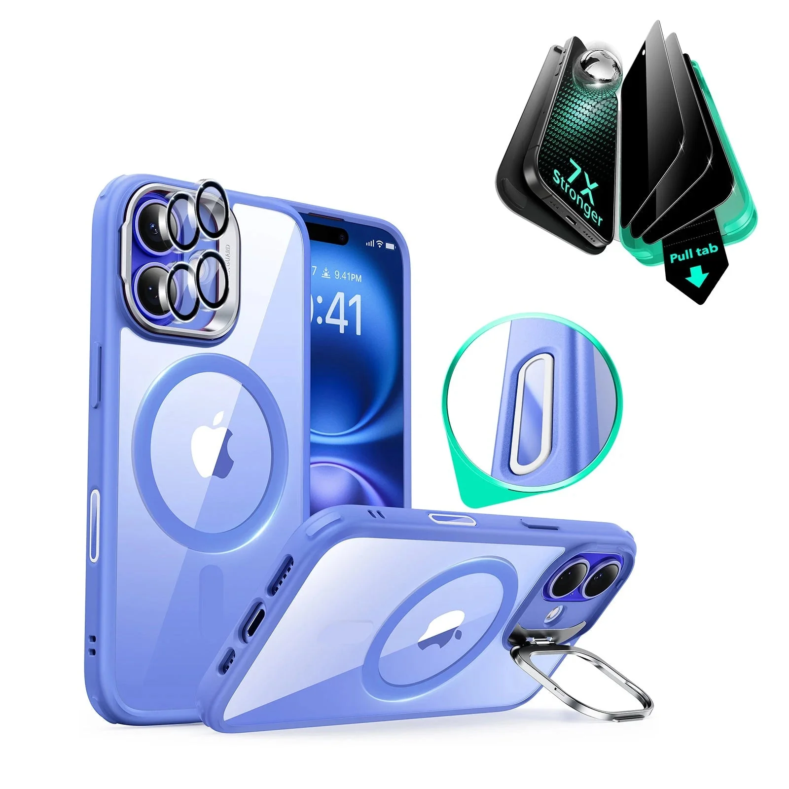 iPhone 16 Classic Hybrid Magnetic Case (Camera Control, Stash Stand) & Privacy Screen Protector Bundle - Clear Blue