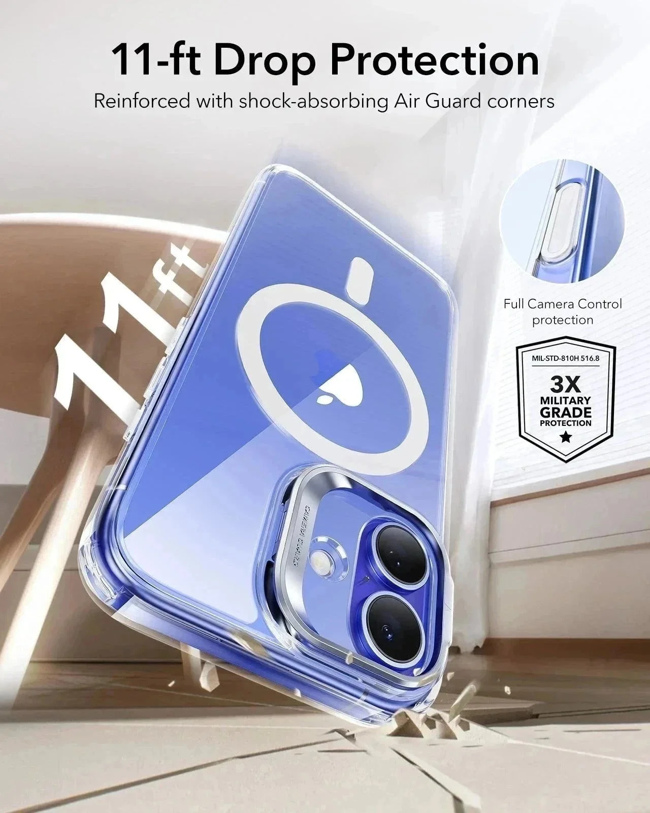 iPhone 16 Classic Hybrid Magnetic Case (Camera Control, Stash Stand) & Privacy Screen Protector Bundle - Clear Blue - Image 8