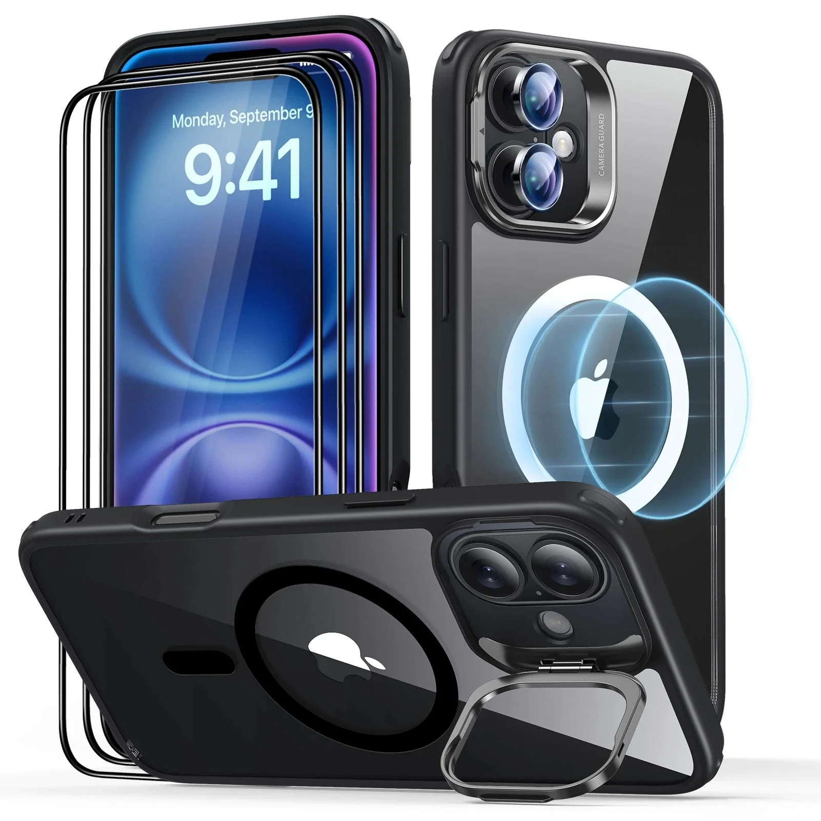 iPhone 16 Classic Hybrid with Stash Stand Protection Bundle - Clear Black