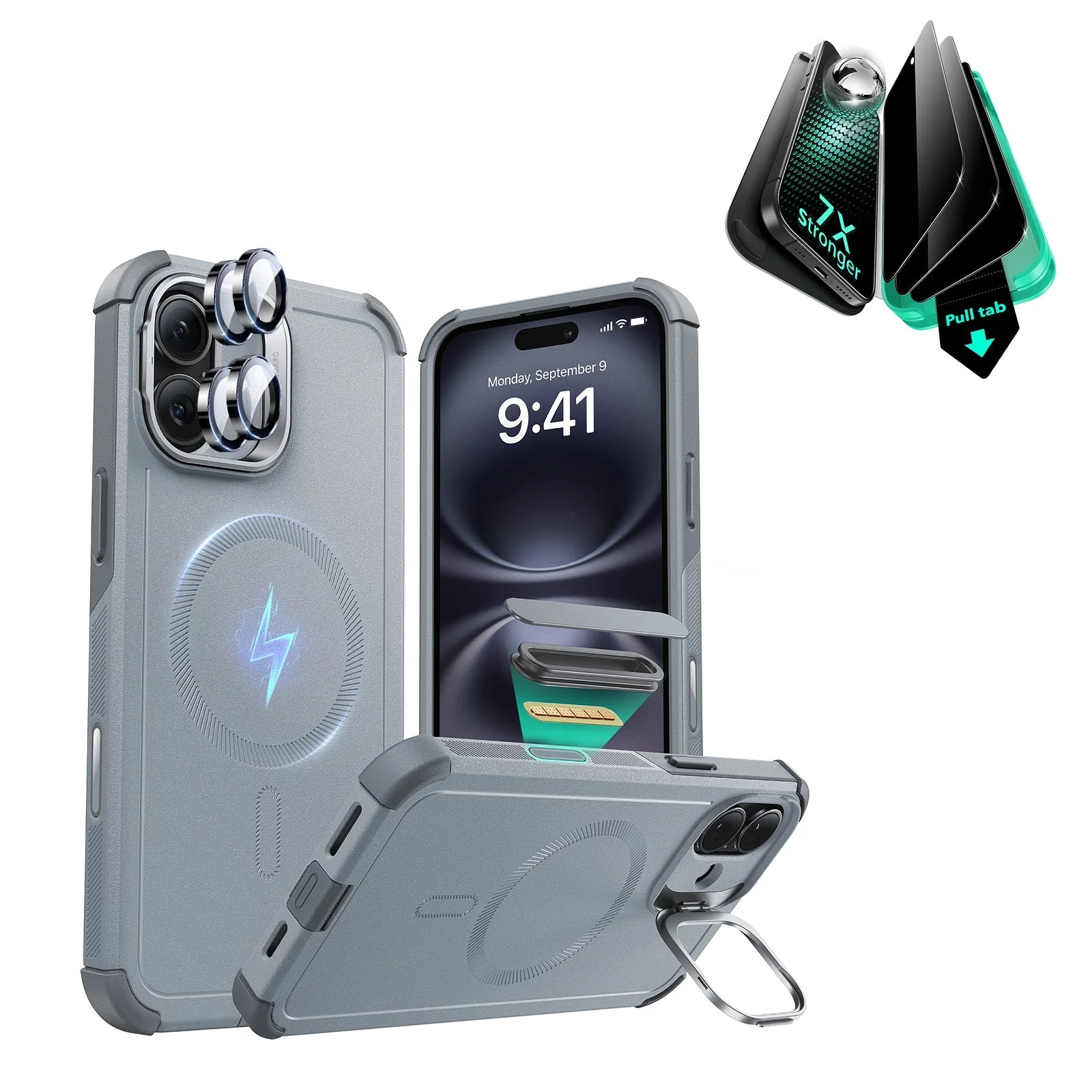 iPhone 16 Cyber Tough Magnetic Case Privacy Protection Bundle (Camera Control, Stash Stand) - Light Grey