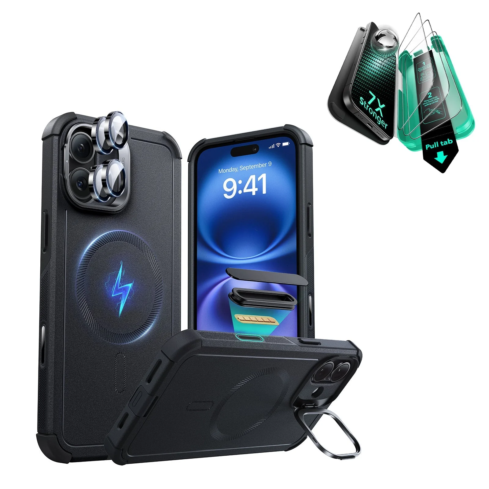 iPhone 16 Cyber Tough Magnetic Case Protection Bundle (Camera Control, Stash Stand) - Black