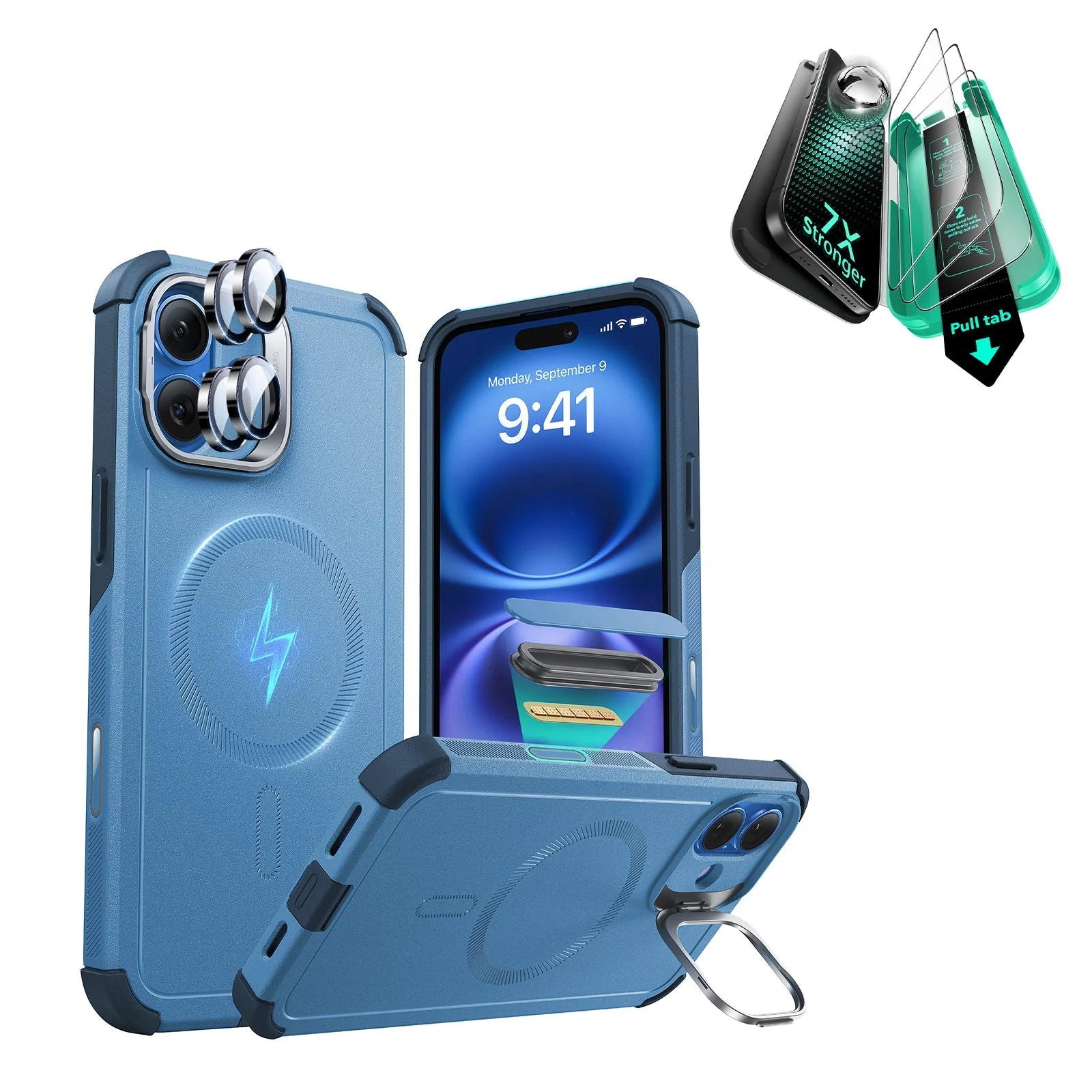 iPhone 16 Cyber Tough Magnetic Case Protection Bundle (Camera Control, Stash Stand) - Light Blue