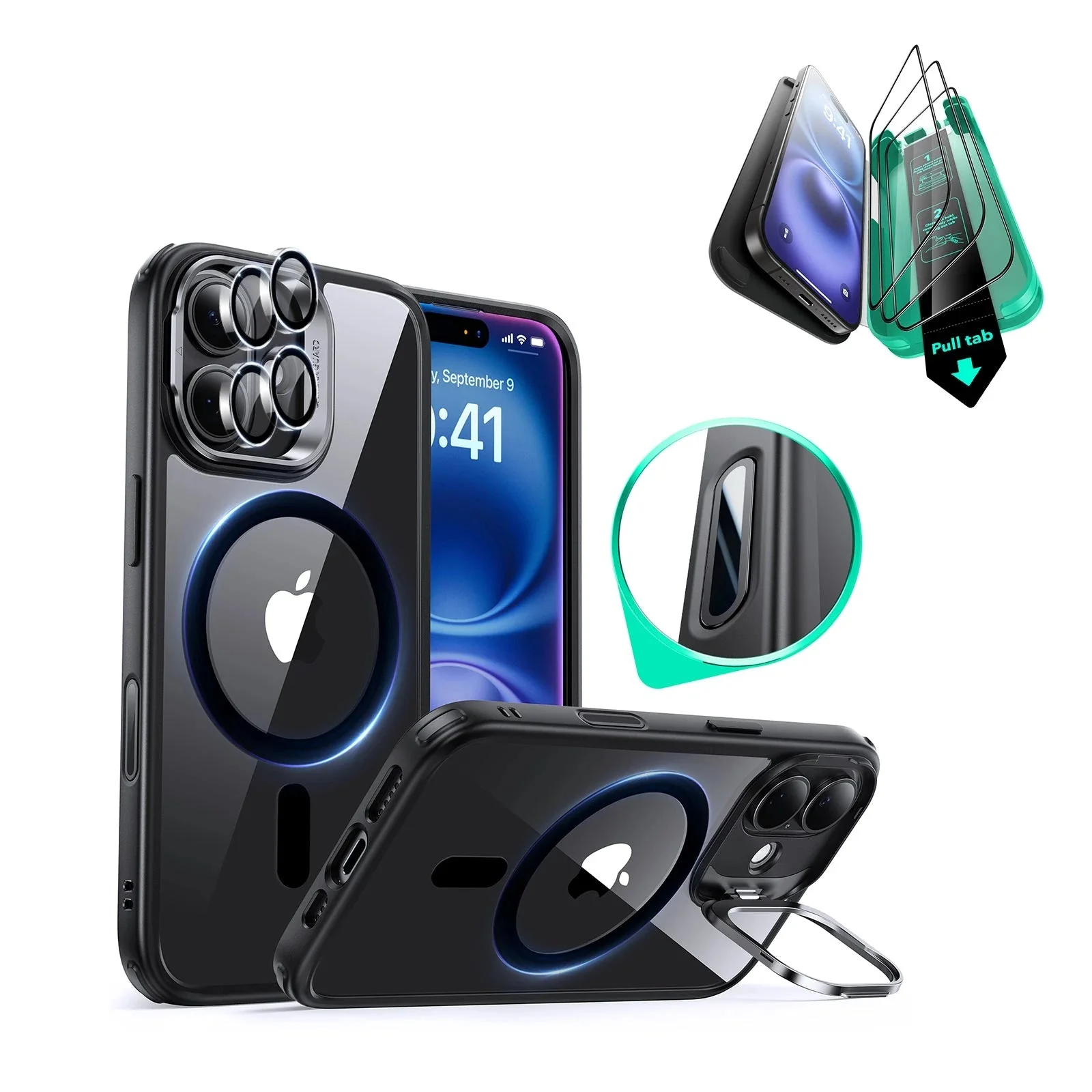 iPhone 16 Classic Hybrid Magnetic Case Protection Bundle (Camera Control, Stash Stand) - Clear Black