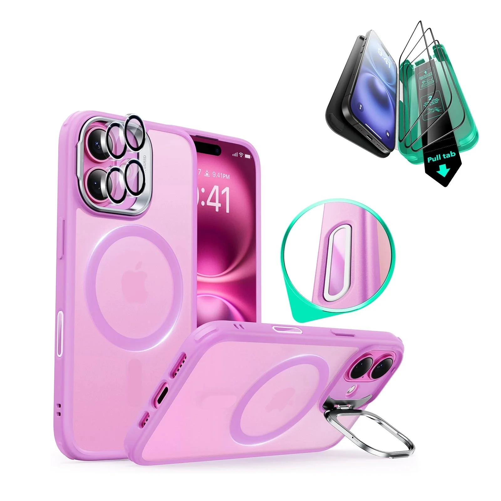 iPhone 16 Classic Hybrid Magnetic Case Protection Bundle (Camera Control, Stash Stand) - Frosted Pink