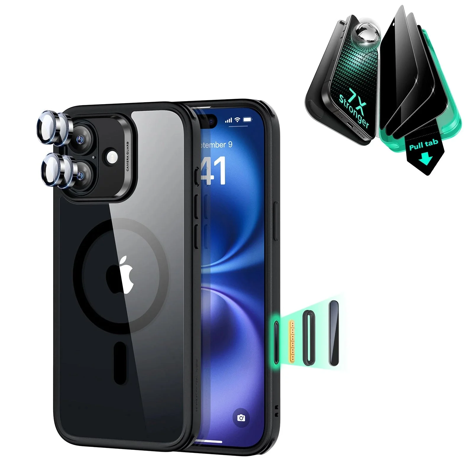 iPhone 16 Plus Classic Hybrid Magnetic Case (Camera Control) & Privacy Screen Protector Bundle - Clear Black