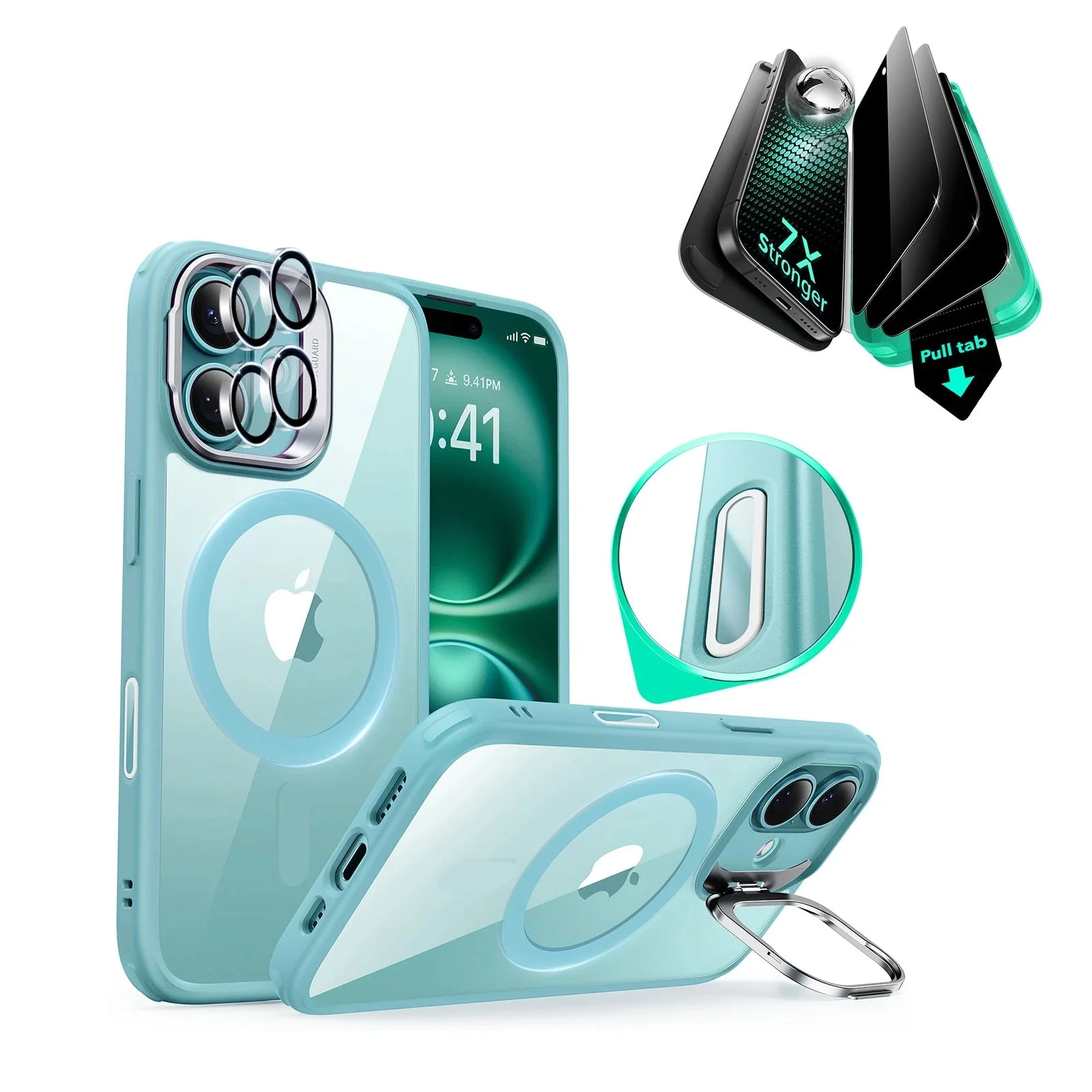 iPhone 16 Plus Classic Hybrid Magnetic Case (Camera Control, Stash Stand) & Privacy Screen Protector Bundle - Clear Green
