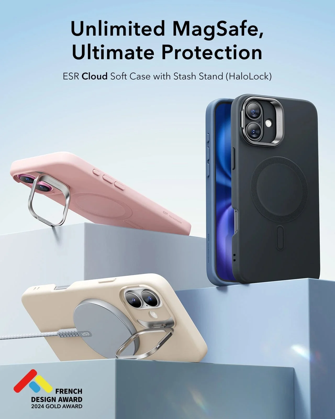 iPhone 16 Plus Cloud Soft Case with Stash Stand (HaloLock) - Blue - Image 2