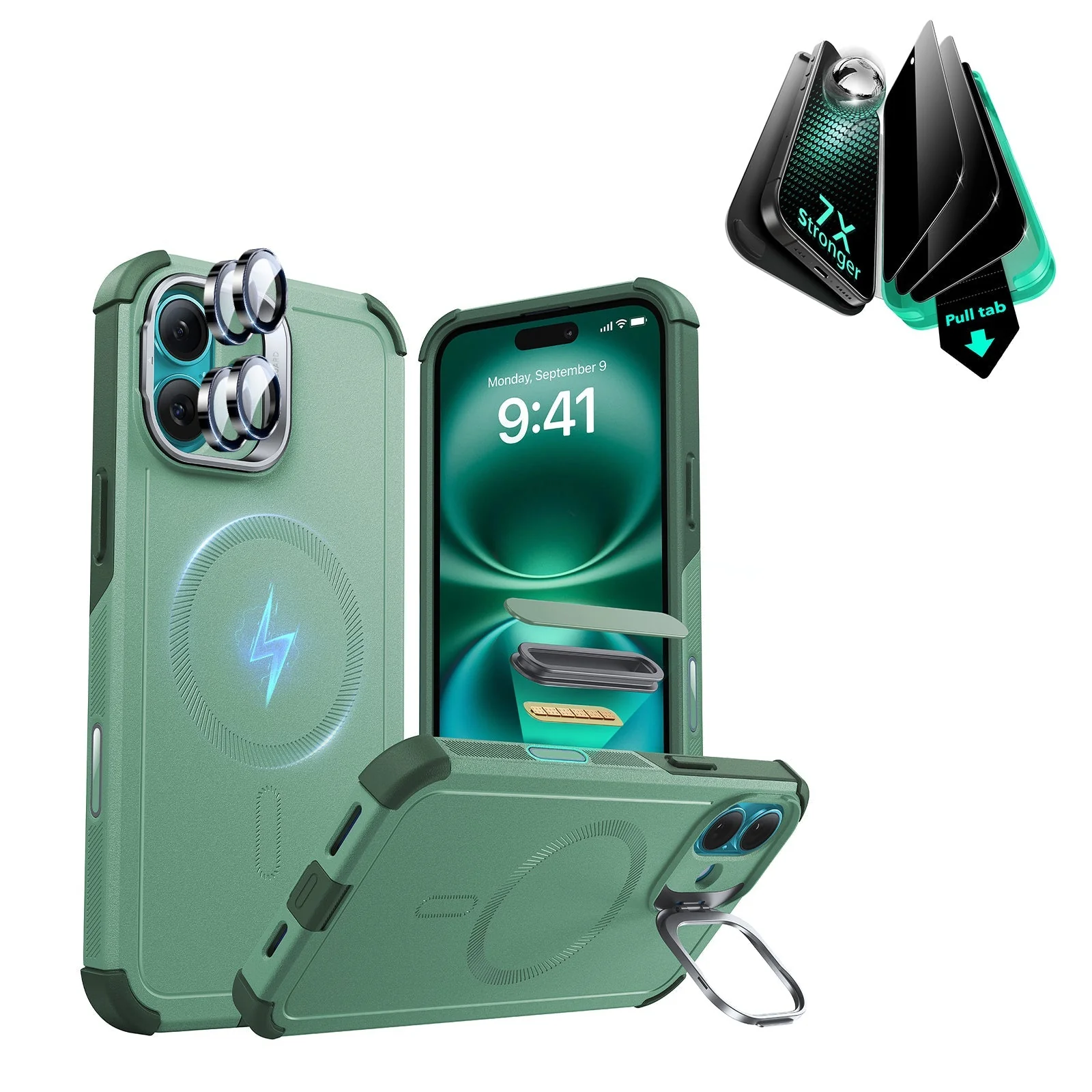 iPhone 16 Plus Cyber Tough Magnetic Case Privacy Protection Bundle (Camera Control, Stash Stand) - Light Green