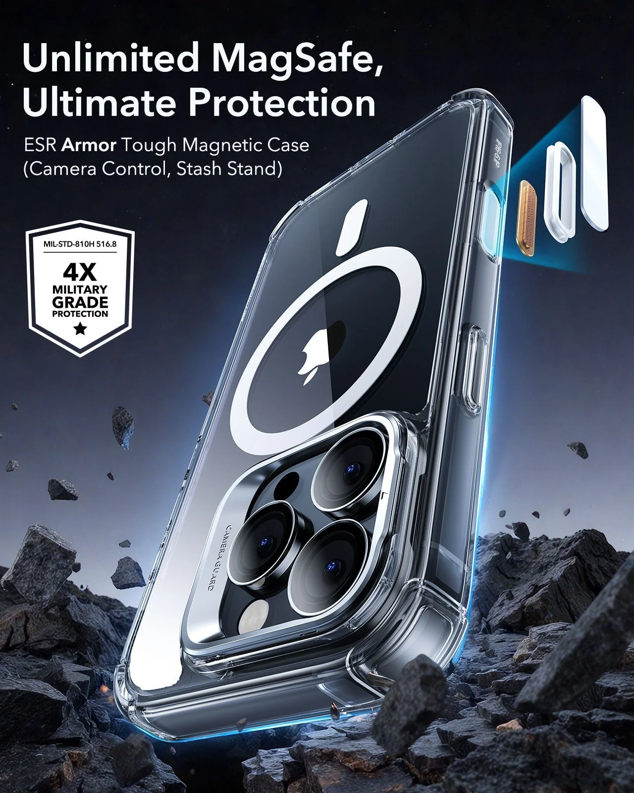 iPhone 16 Pro Armor Tough Magnetic Case (Camera Control, Stash Stand) - Clear - Image 2