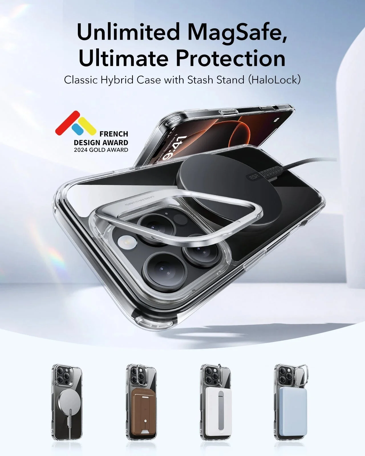 iPhone 16 Pro Classic Hybrid Case with Stash Stand (HaloLock) - Clear - Image 2