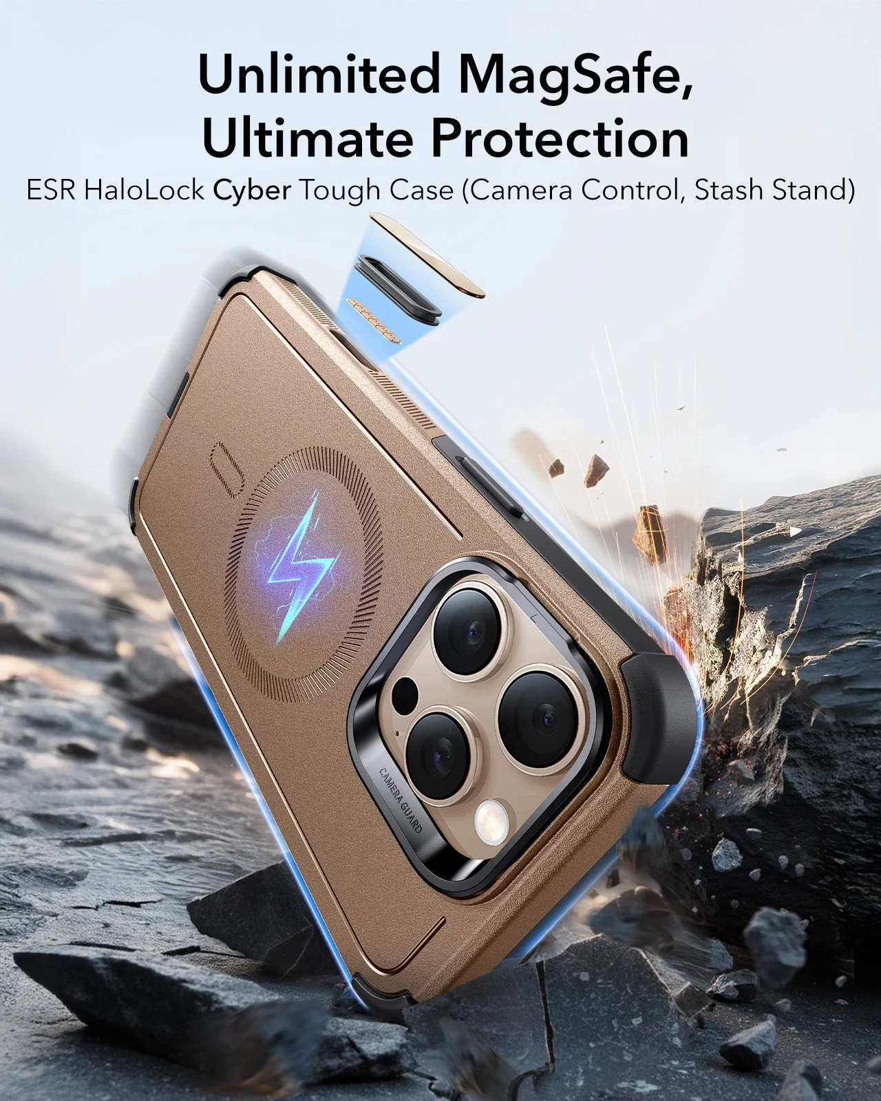 iPhone 16 Pro Cyber Tough Magnetic Case (Camera Control, Stash Stand) - Desert Titanium - Image 2