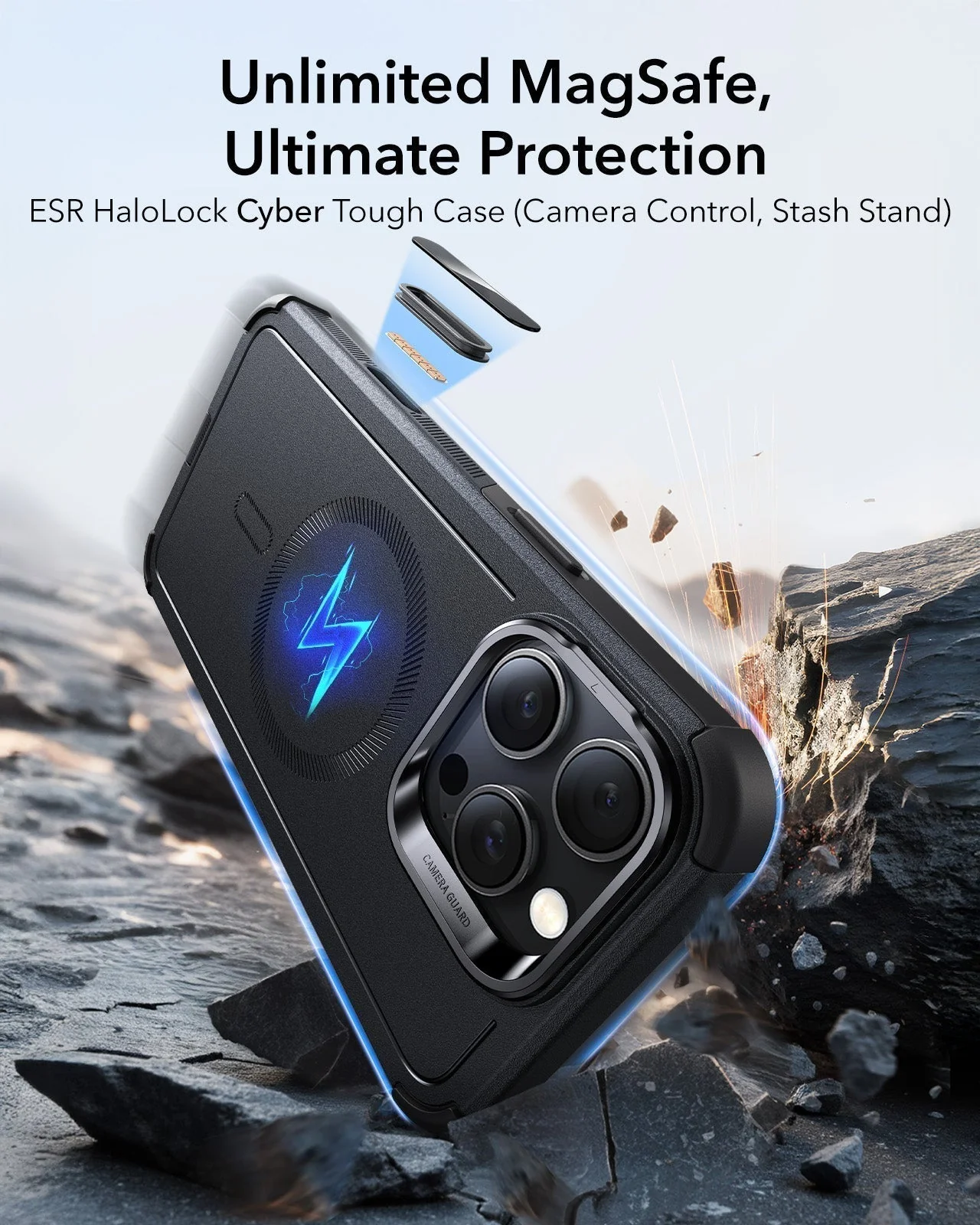 iPhone 16 Pro Cyber Tough Magnetic Case Privacy Protection Bundle (Camera Control, Stash Stand) - Desert Titanium - Image 3